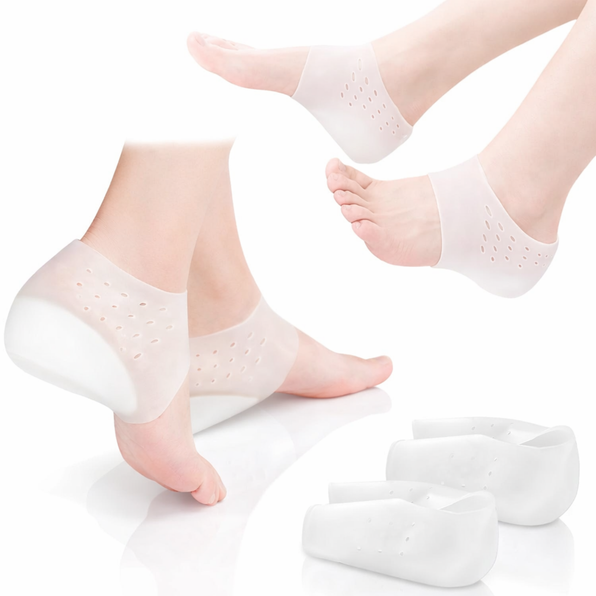 Inaltatoare FIIZEN® pentru calcai +3 cm, talonete silicon transparente tip soseta, invizibile pe piele, cresc discret inaltimea si ofera un plus de incredere, confortabile si antiderapante, potrivite pentru orice incaltaminte