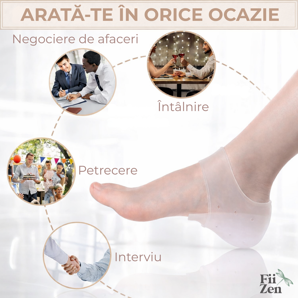 Inaltatoare FIIZEN® pentru calcai +3 cm, talonete silicon transparente tip soseta, invizibile pe piele, cresc discret inaltimea si ofera un plus de incredere, confortabile si antiderapante, potrivite pentru orice incaltaminte