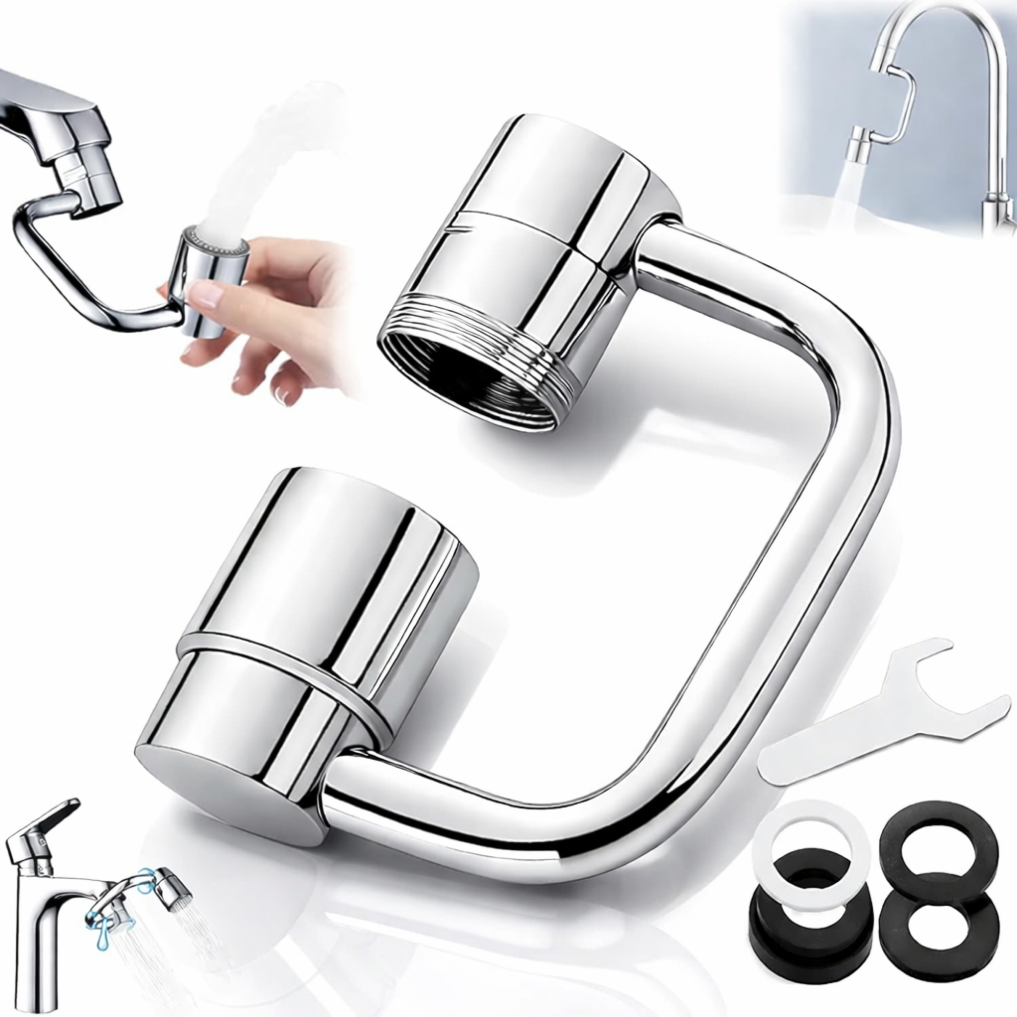 Extensie robinet FIIZEN® cu brat rotativ 360°, adaptor universal chiuveta cu cap mobil pentru directionare precisa a apei, ideal pentru spalare par la chiuveta, clatire, vase, fructe si curatare usoara, reduce stropirea si creste presiunea, Argintiu