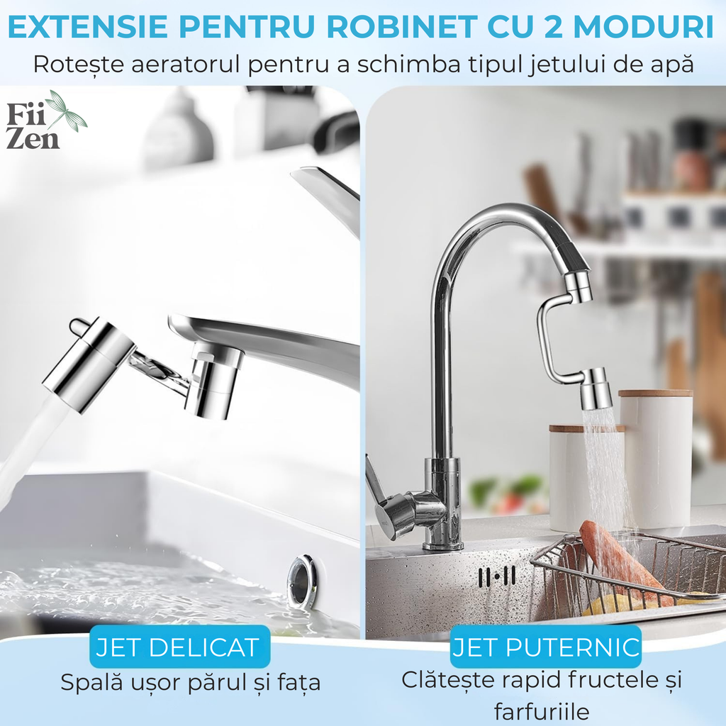 Extensie robinet FIIZEN® cu brat rotativ 360°, adaptor universal chiuveta cu cap mobil pentru directionare precisa a apei, ideal pentru spalare par la chiuveta, clatire, vase, fructe si curatare usoara, reduce stropirea si creste presiunea, Argintiu