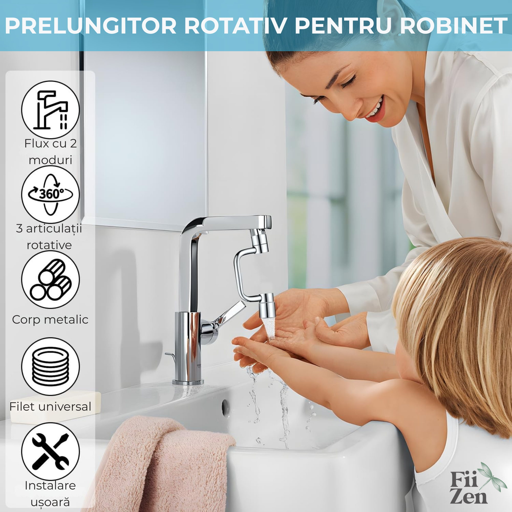 Extensie robinet FIIZEN® cu brat rotativ 360°, adaptor universal chiuveta cu cap mobil pentru directionare precisa a apei, ideal pentru spalare par la chiuveta, clatire, vase, fructe si curatare usoara, reduce stropirea si creste presiunea, Argintiu