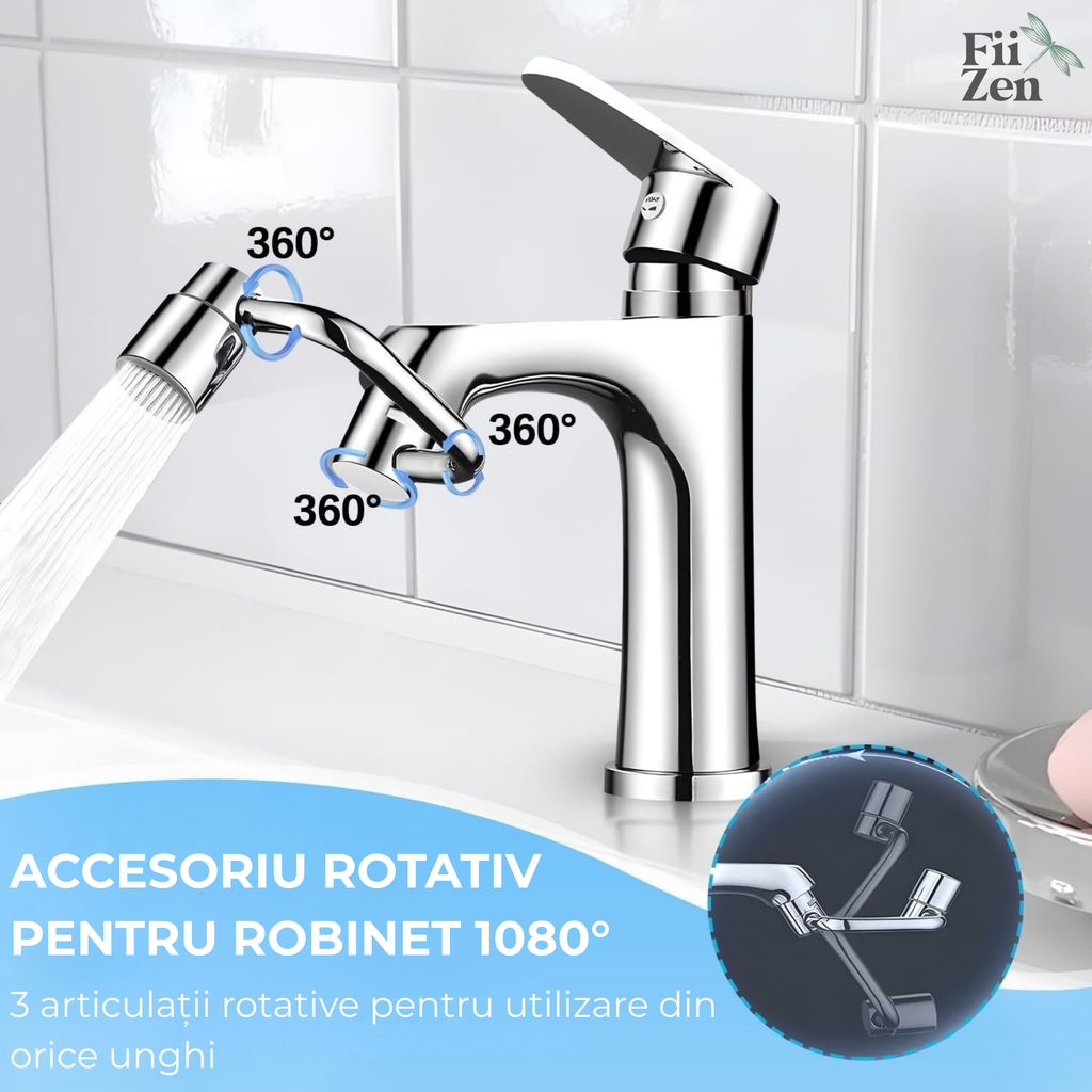 Extensie robinet FIIZEN® cu brat rotativ 360°, adaptor universal chiuveta cu cap mobil pentru directionare precisa a apei, ideal pentru spalare par la chiuveta, clatire, vase, fructe si curatare usoara, reduce stropirea si creste presiunea, Argintiu