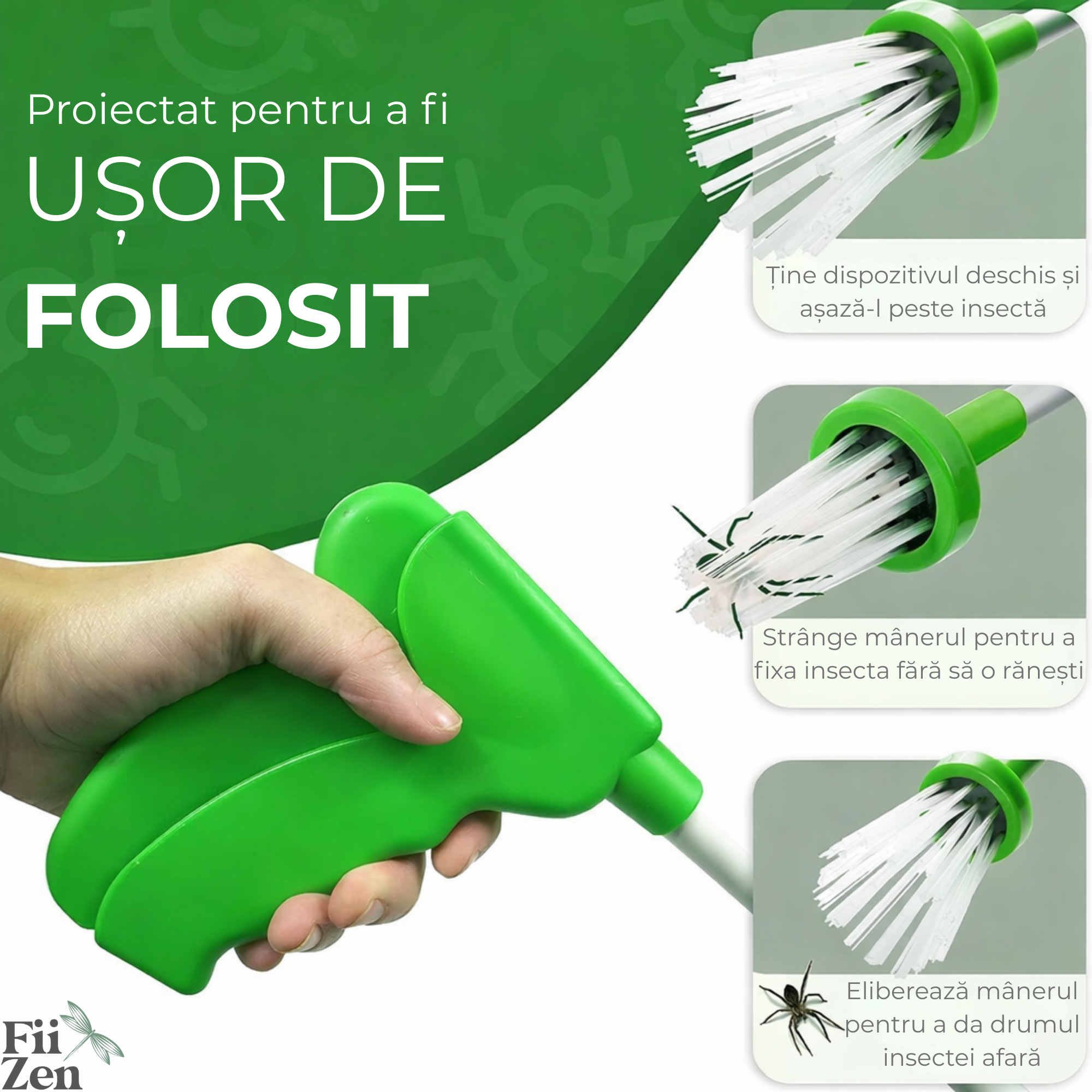 ⁠Dispozitiv prindere insecte FIIZEN®, clește insecte pentru capturare gandaci, fara atingere, sigur, reutilizabil, usor de folosit, ideal pentru casa, gradina si exterior, 65 cm