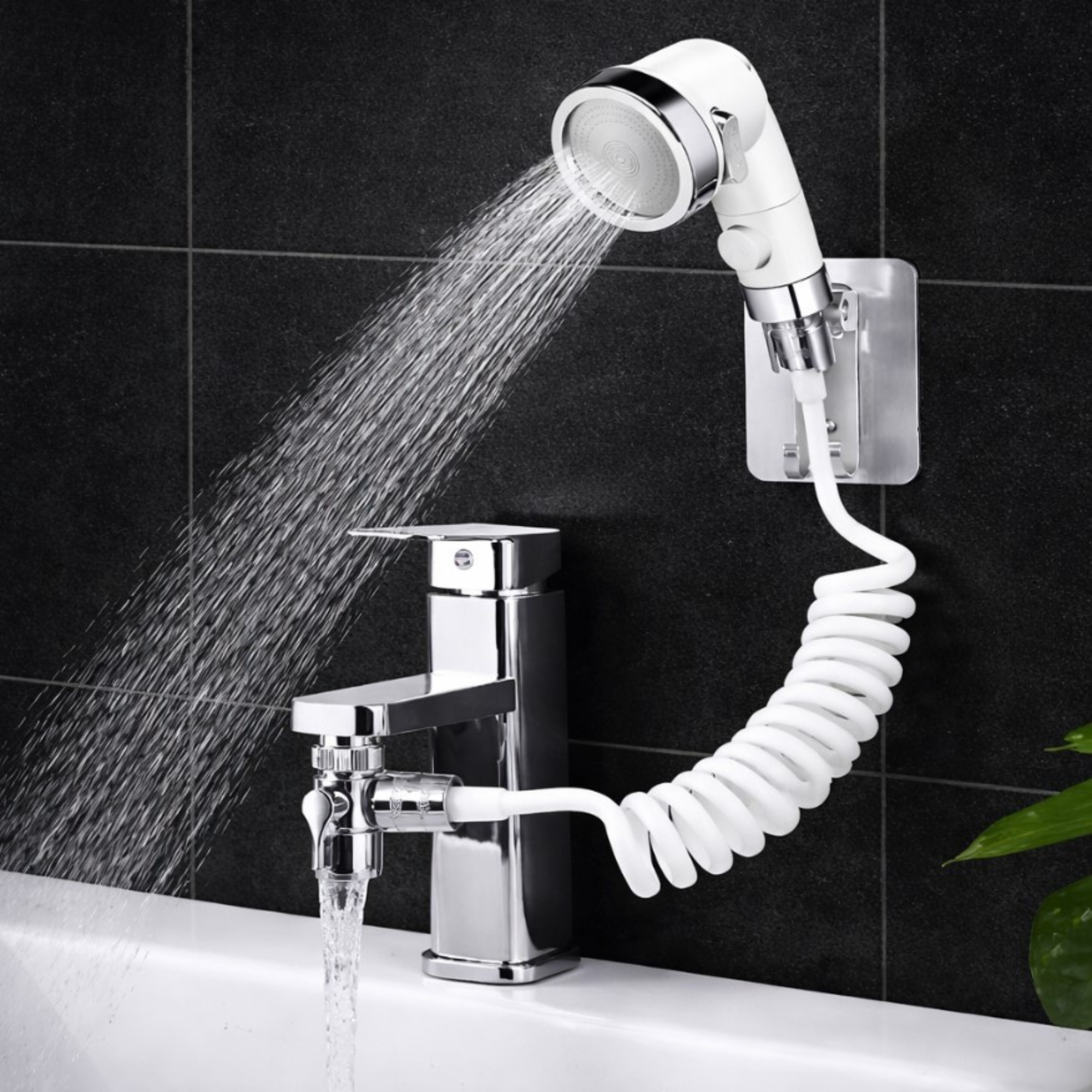 Cap dus chiuveta FIIZEN®, solutia ideala pentru spalare par la chiuveta, adaptor robinet cu furtun extensibil, presiune marita si filtru impuritati, instalare usoara, suport perete inclus, Alb