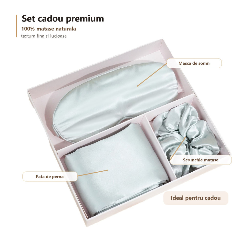 Set Cadou FIIZEN® din 100% Matase Naturala Mulberry Certificata, Fata de Perna, Masca de Somn si Elastic pentru Par, Cutie Cadou Premium, Verde