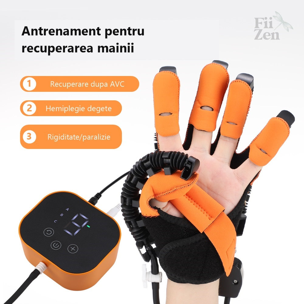 Manusa Robotica FIIZEN® pentru Recuperare Mana si Degete, Functie Oglinda ce Copiaza Miscarea Mainii Sanatoase, 3 Moduri de Antrenament, 9 Niveluri de Intensitate, Compresie Pneumatica Individuala, Antrenament cu Rezistenta, Mobilitate si Dexteritate