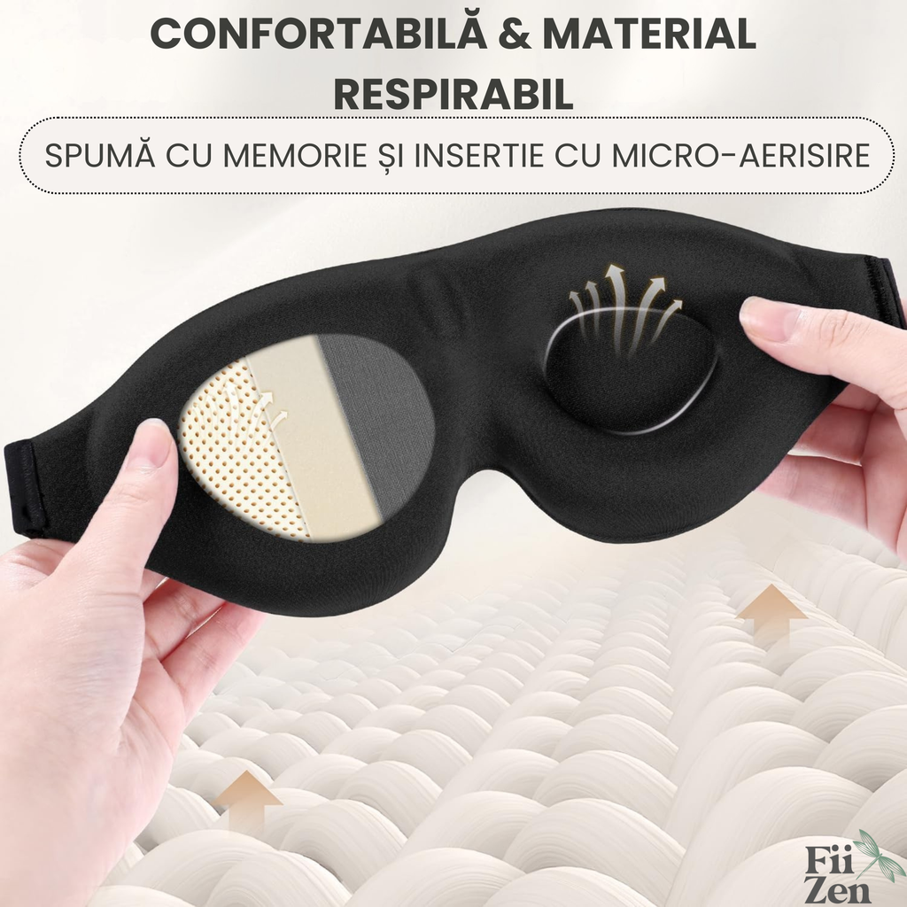 Masca somn FIIZEN® pentru dormit, 3D conturata, sleep mask ergonomica cu memory foam, blocare completa lumina, fara presiune pe ochi, curea ajustabila, ideala pentru somn, calatorii si power nap, Negru