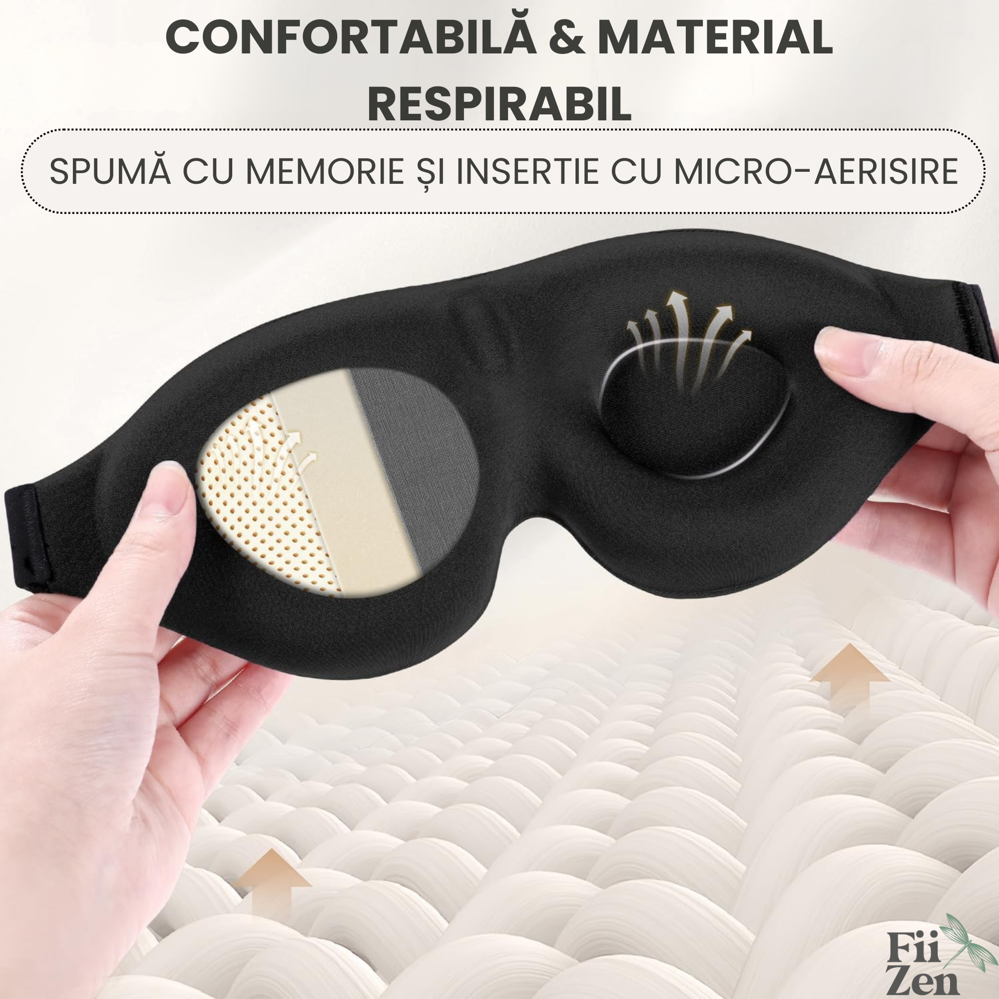 Masca somn FIIZEN® pentru dormit, 3D conturata, sleep mask ergonomica cu memory foam, blocare completa lumina, fara presiune pe ochi, curea ajustabila, ideala pentru somn, calatorii si power nap, Negru