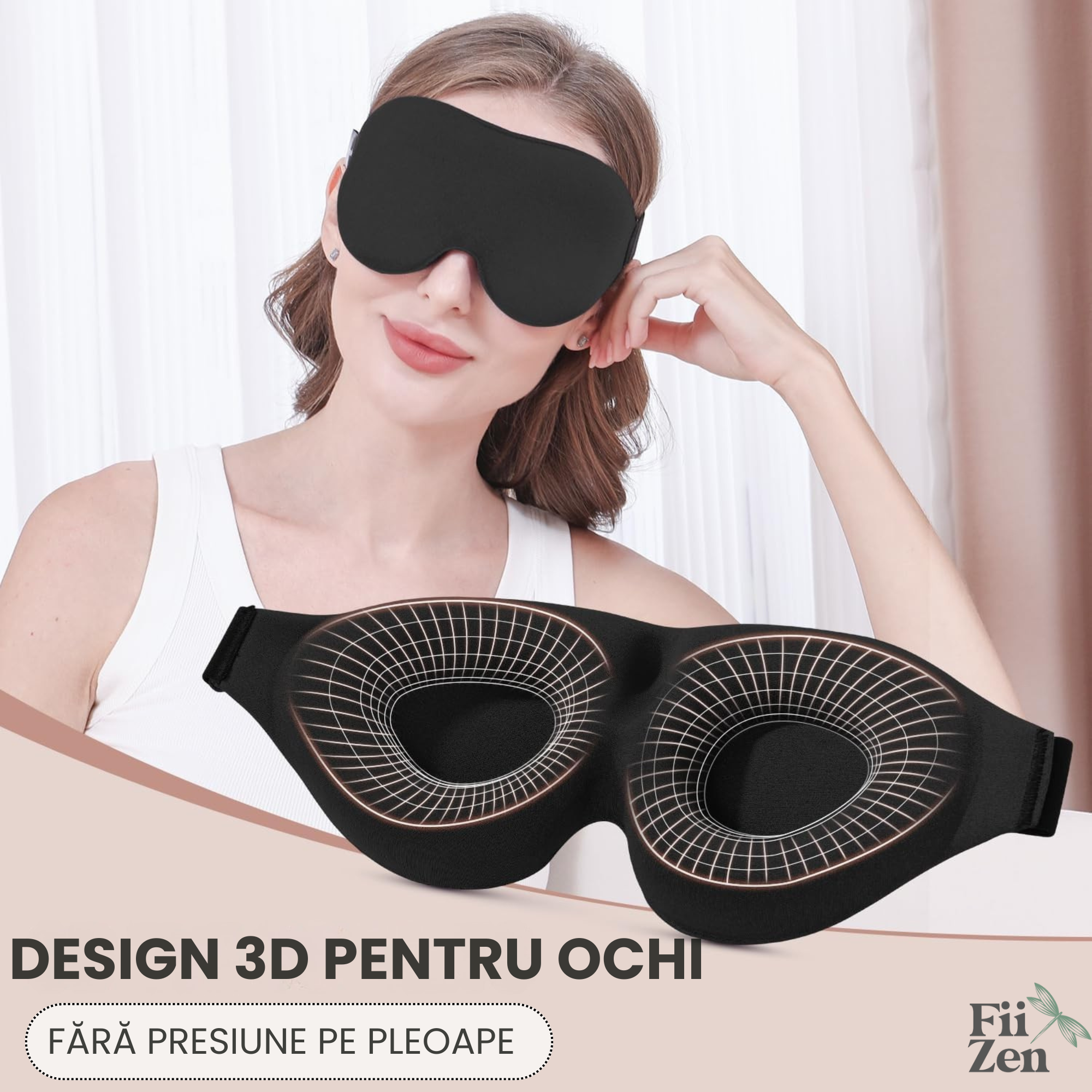 Masca somn FIIZEN® pentru dormit, 3D conturata, sleep mask ergonomica cu memory foam, blocare completa lumina, fara presiune pe ochi, curea ajustabila, ideala pentru somn, calatorii si power nap, Negru