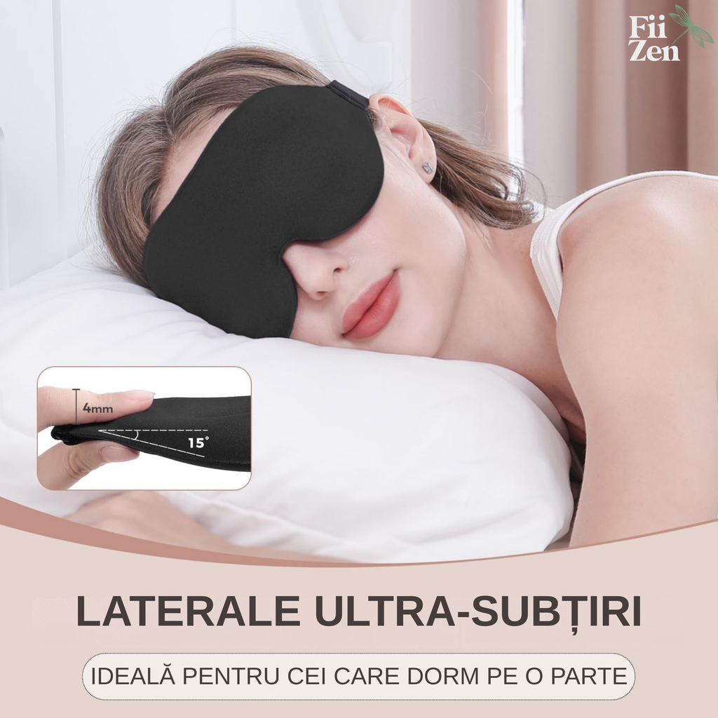 Masca somn FIIZEN® pentru dormit, 3D conturata, sleep mask ergonomica cu memory foam, blocare completa lumina, fara presiune pe ochi, curea ajustabila, ideala pentru somn, calatorii si power nap, Negru