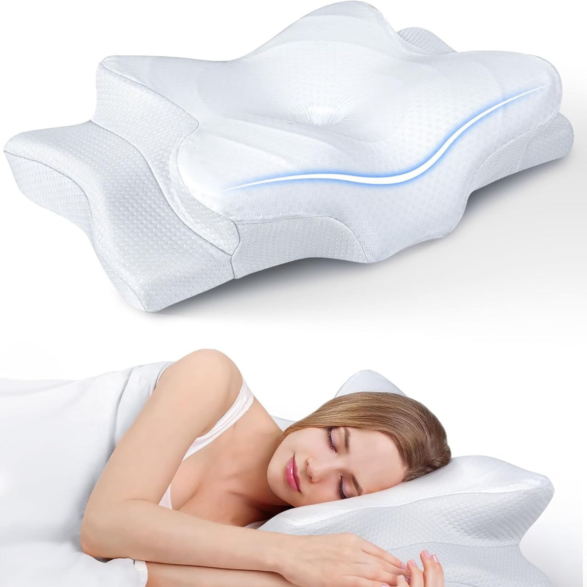 Perna cervicala ortopedica FIIZEN® din spuma cu memorie, design ergonomic tip butterfly, suport corect pentru gat si coloana, husa racoritoare Ice Silk, respirabila si detasabila, anti-durere cervicala, somn confortabil, 63x42.5 cm, Alb