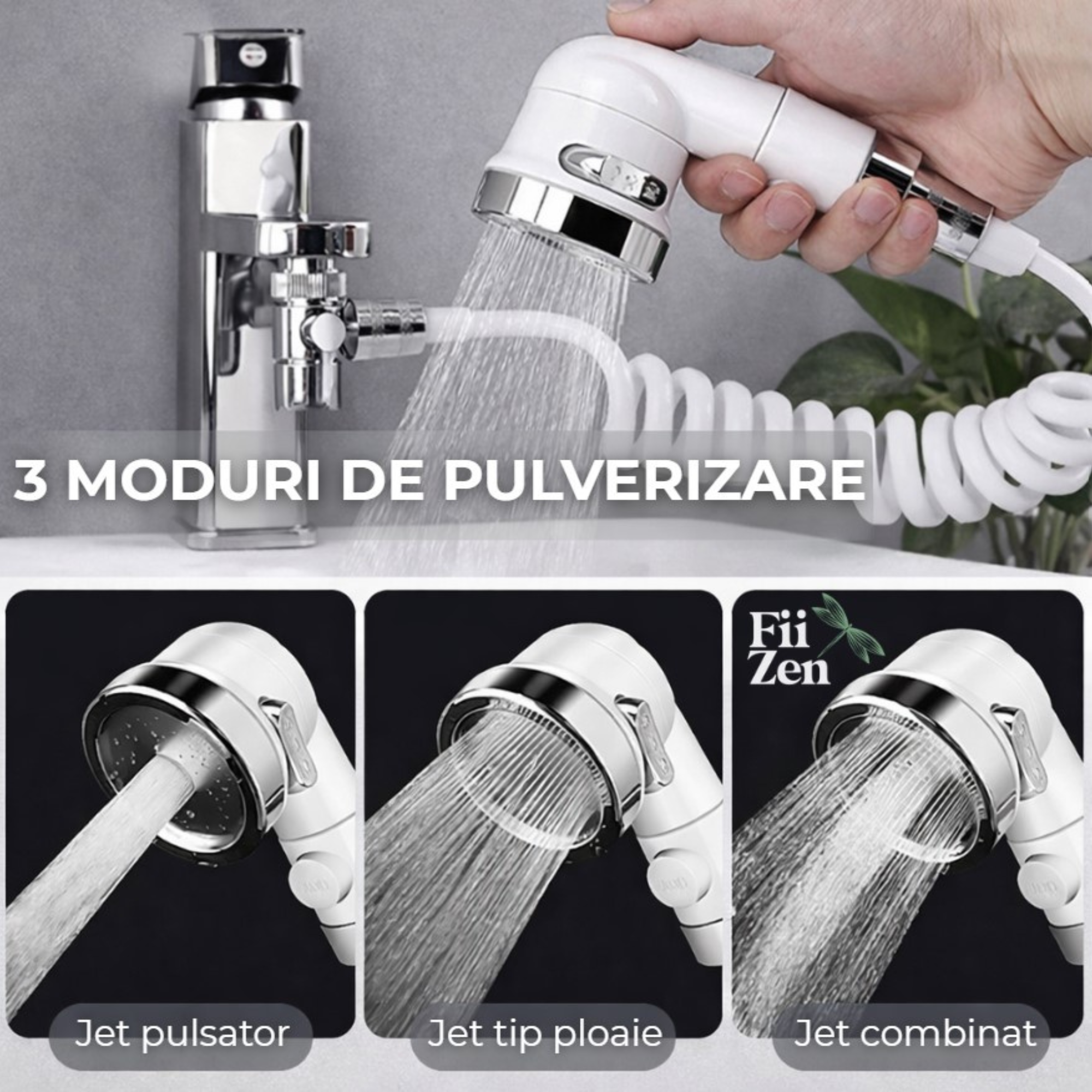 Cap dus chiuveta FIIZEN®, solutia ideala pentru spalare par la chiuveta, adaptor robinet cu furtun extensibil, presiune marita si filtru impuritati, instalare usoara, suport perete inclus, Alb