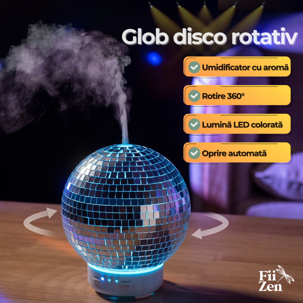 ⁠Difuzor aromaterapie FIIZEN® Disco Ball Mirror, umidificator aer si difuzor uleiuri esentiale, rotire 360°, silentios, rezervor 100ml, oprire automata, efecte speciale, decor modern camera