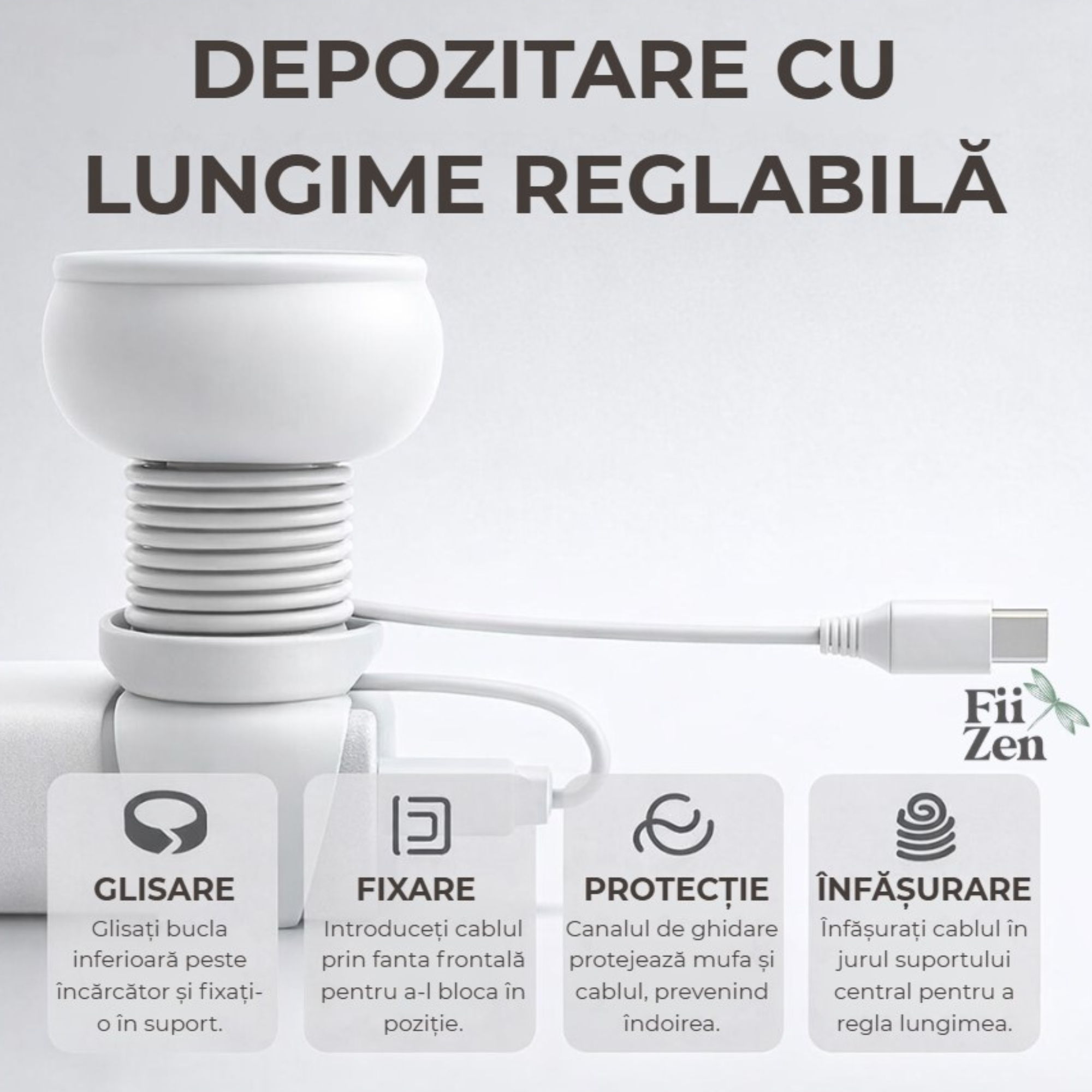 Organizator cablu incarcare FIIZEN® din silicon, accesoriu pentru pastrarea cablului compact si fara incurcaturi, protejeaza si fixeaza incarcatorul, ideal pentru telefon, birou, casa si calatorii, Alb
