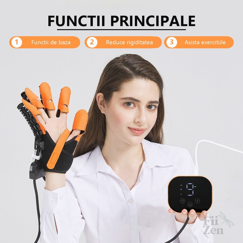 Manusa Robotica FIIZEN® pentru Recuperare Mana si Degete, Functie Oglinda ce Copiaza Miscarea Mainii Sanatoase, 3 Moduri de Antrenament, 9 Niveluri de Intensitate, Compresie Pneumatica Individuala, Antrenament cu Rezistenta, Mobilitate si Dexteritate