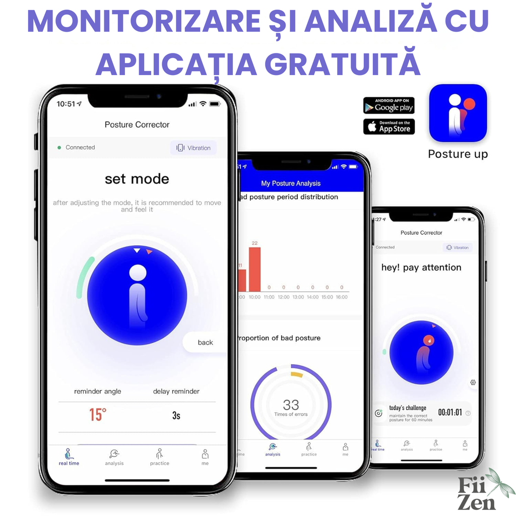 Corector postura inteligent FIIZEN®, corector spate cu senzor si vibratii pentru indreptare coloana, dispozitiv ergonomic pentru adulti si copii, discret si confortabil, ideal pentru birou, scoala si utilizare zilnica, Negru