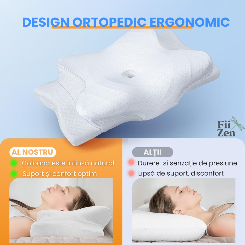 Perna cervicala ortopedica FIIZEN® din spuma cu memorie, design ergonomic tip butterfly, suport corect pentru gat si coloana, husa racoritoare Ice Silk, respirabila si detasabila, anti-durere cervicala, somn confortabil, 63x42.5 cm, Alb