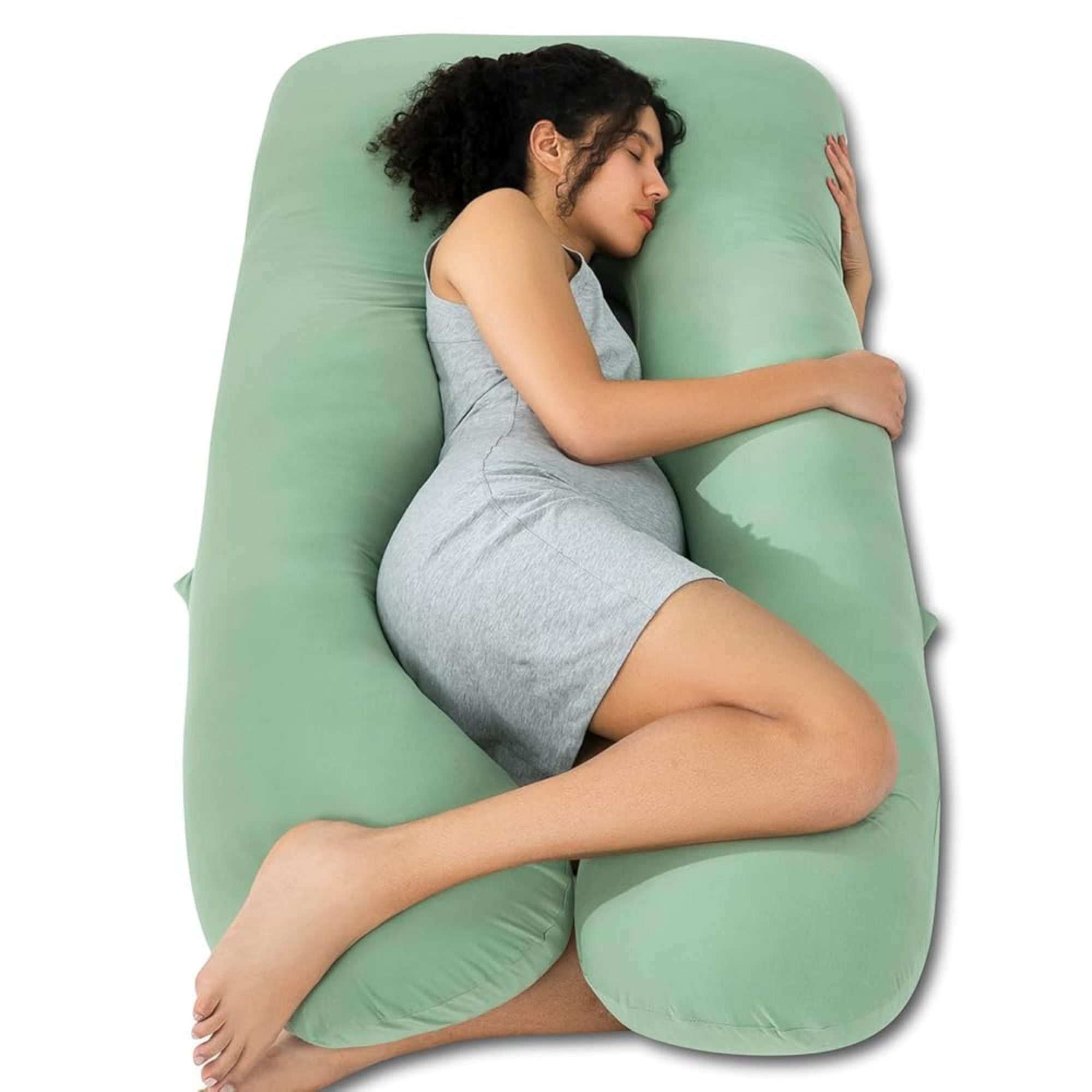 Perna sarcina FIIZEN® in forma U, perna corp pentru gravide, suport complet pentru abdomen, lombar si picioare, perna ortopedica pentru somn lateral, husa detasabila si lavabila, umplutura bumbac, 90x150 cm, Verde Matcha