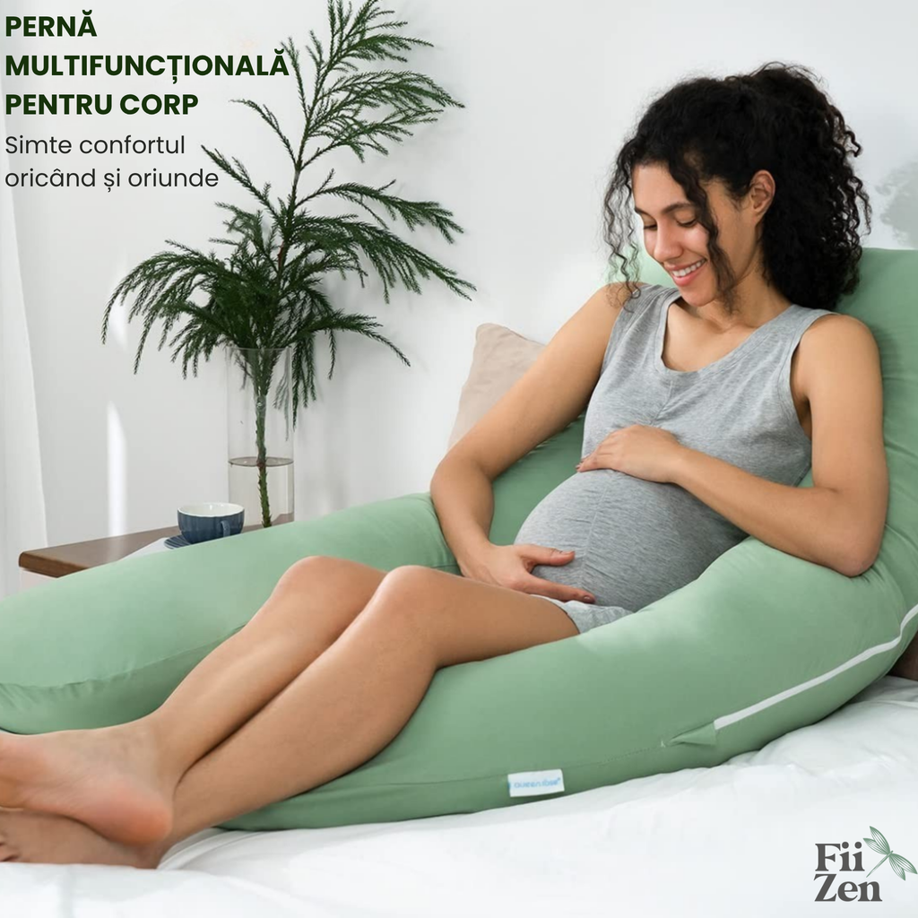 Perna sarcina FIIZEN® in forma U, perna corp pentru gravide, suport complet pentru abdomen, lombar si picioare, perna ortopedica pentru somn lateral, husa detasabila si lavabila, umplutura bumbac, 90x150 cm, Verde Matcha