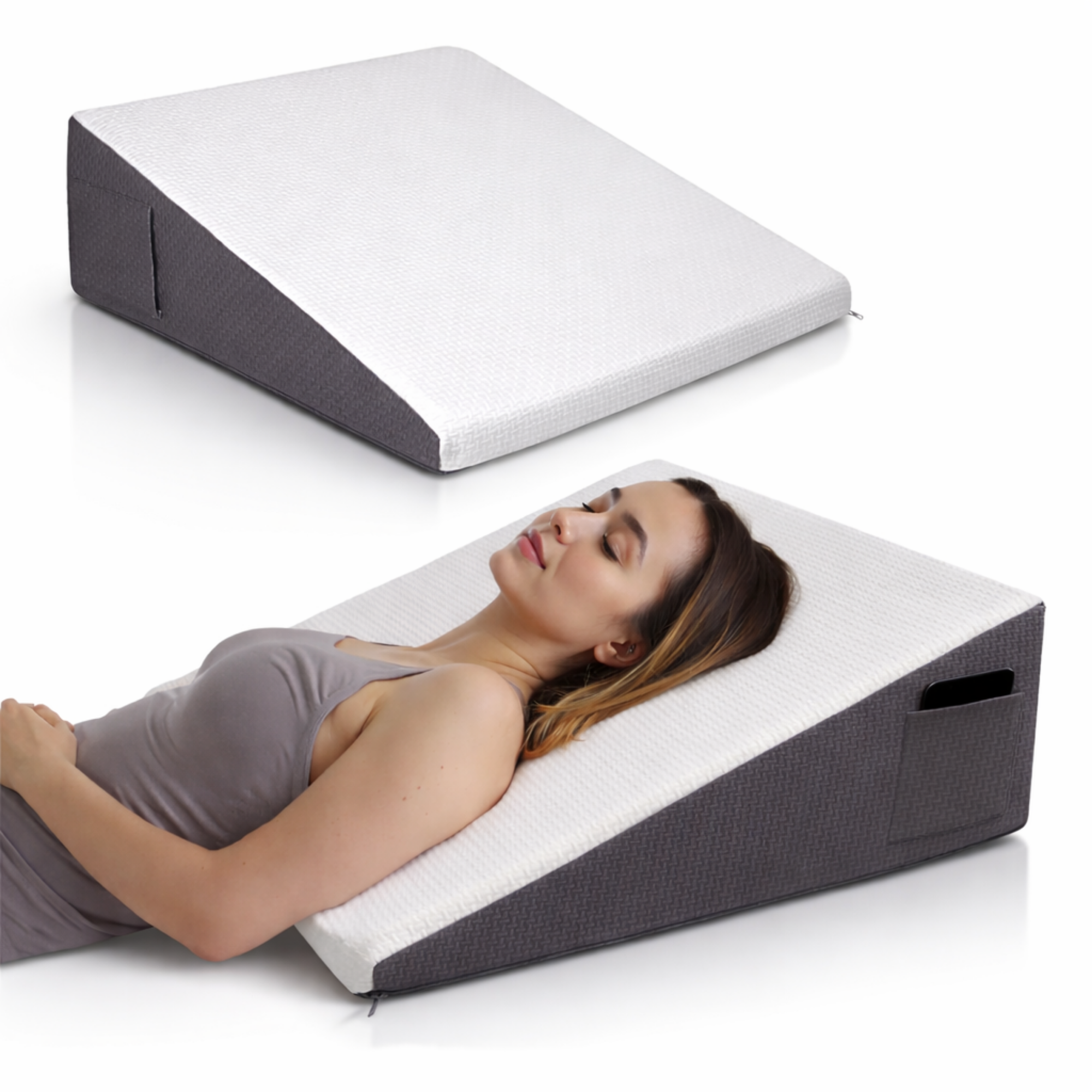 Perna ortopedica triunghiulara FIIZEN® din memory foam, perna inclinata pentru somn, reflux gastric si relaxare, sforait si suport spate, husa detasabila, confort ergonomic, 61x61x31 cm, Gri-Alb