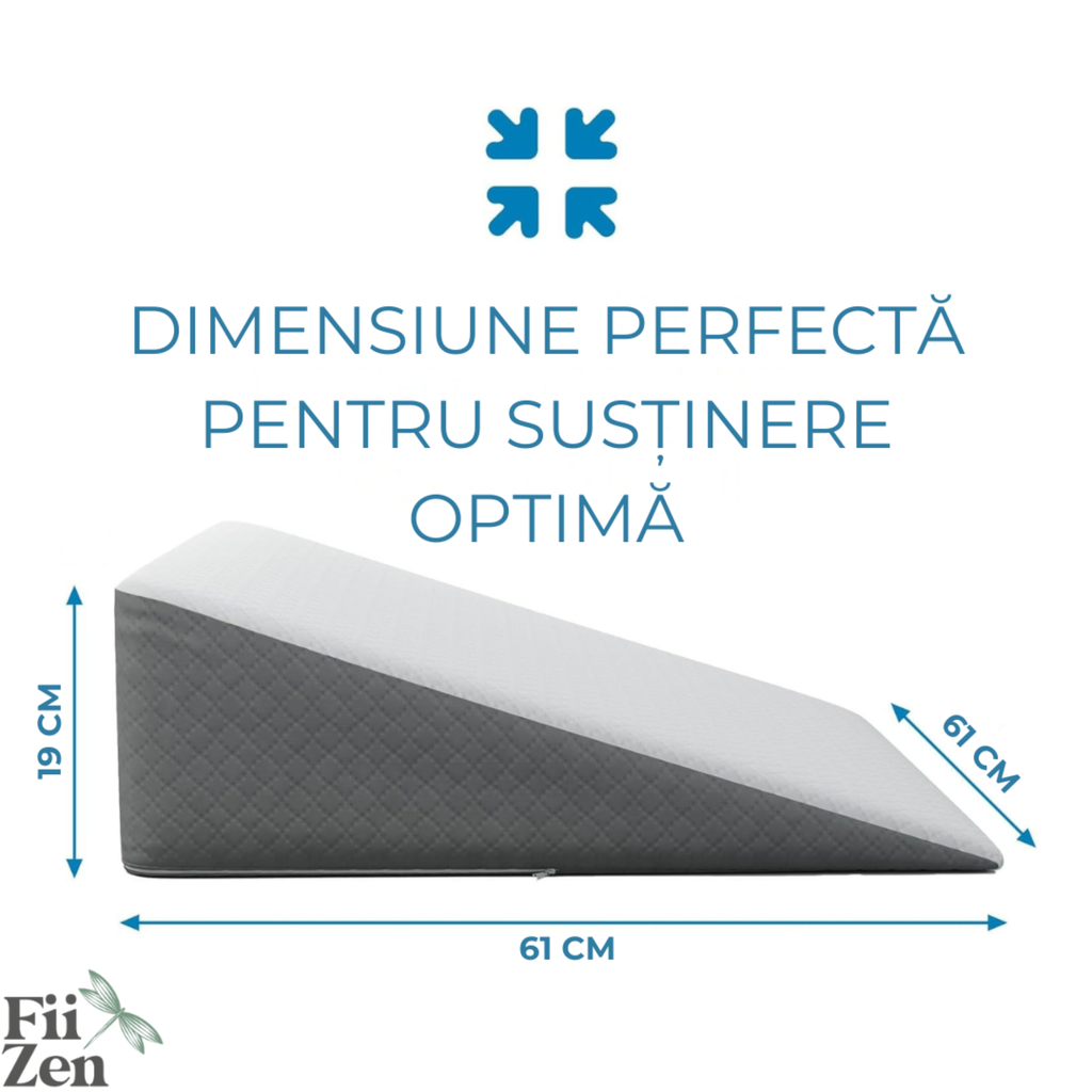 Perna ortopedica triunghiulara FIIZEN® din memory foam, perna inclinata pentru somn, reflux gastric si relaxare, sforait si suport spate, husa detasabila, confort ergonomic, 61x61x31 cm, Gri-Alb