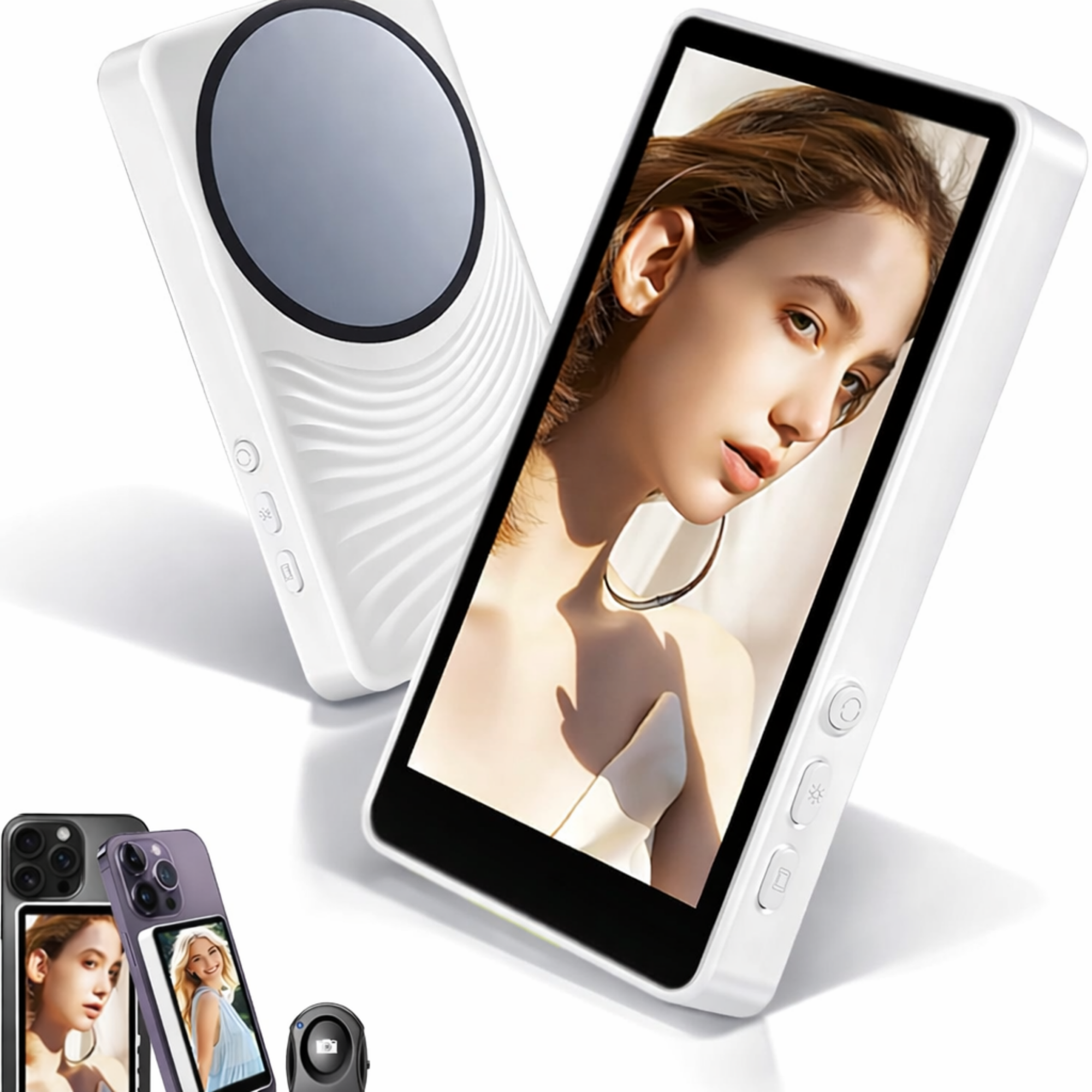 Ecran selfie magnetic FIIZEN® pentru telefon, conectare wireless/bluetooth pentru camera spate, ideal pentru vlog, TikTok si live streaming, vezi imaginea in timp real cu camera principala, compatibil iPhone si Android, Alb