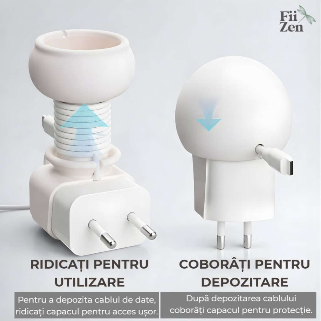 Organizator cablu incarcare FIIZEN® din silicon, accesoriu pentru pastrarea cablului compact si fara incurcaturi, protejeaza si fixeaza incarcatorul, ideal pentru telefon, birou, casa si calatorii, Alb