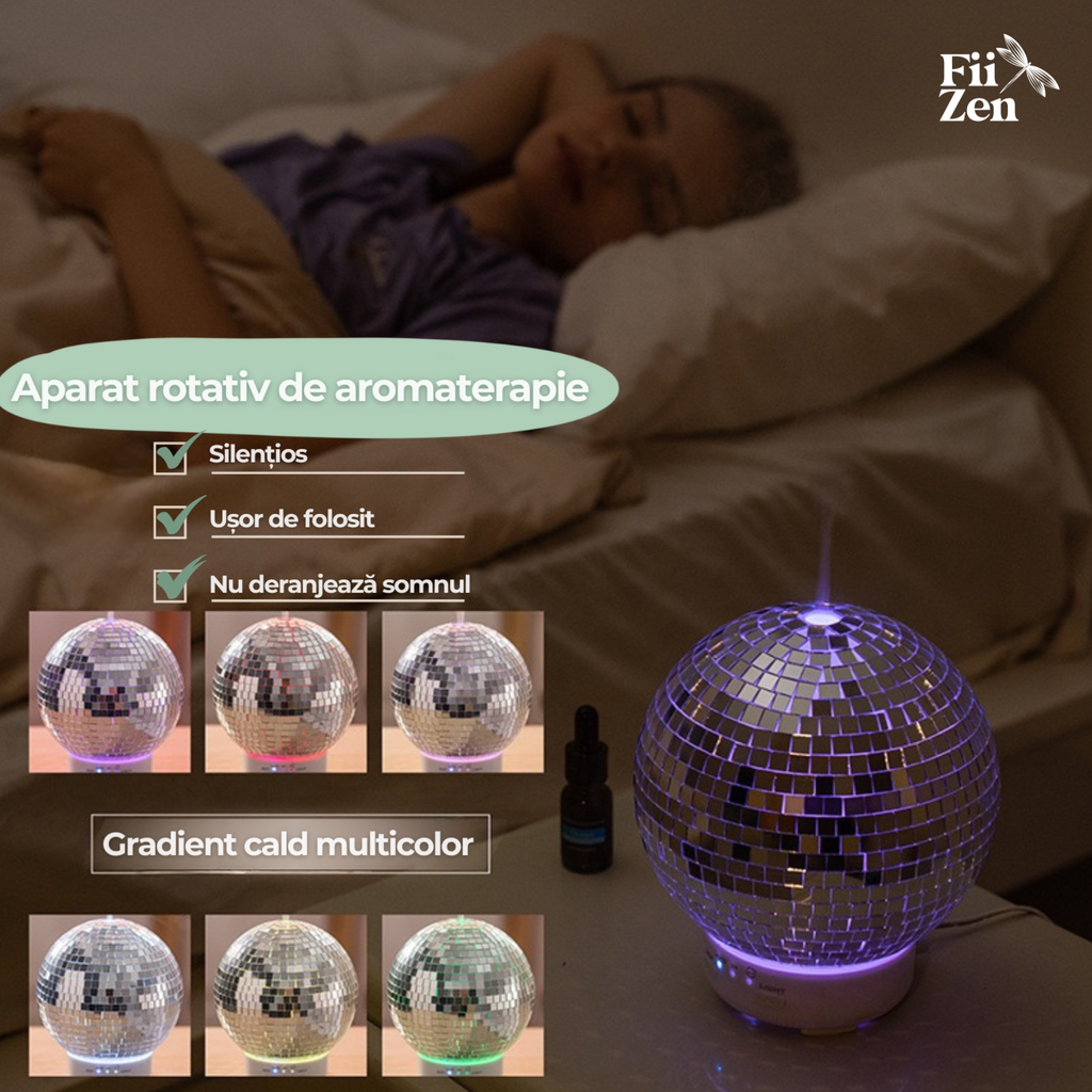 ⁠Difuzor aromaterapie FIIZEN® Disco Ball Mirror, umidificator aer si difuzor uleiuri esentiale, rotire 360°, silentios, rezervor 100ml, oprire automata, efecte speciale, decor modern camera