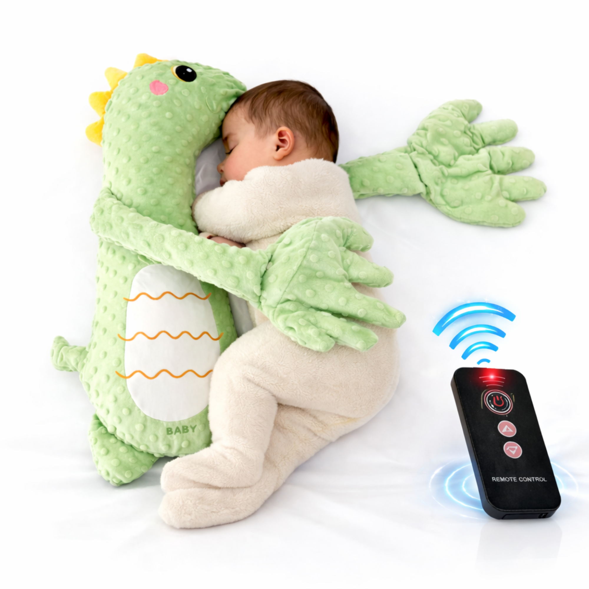 Perna calmare bebelusi FIIZEN® tip dinozaur, perna cu batai ritmice automate care imita atingerea parintelui, ajuta bebelusul sa adoarma mai usor, reduce agitatia si reflexul de tresarire, material plush moale, ideala pentru somn linistit, Verde