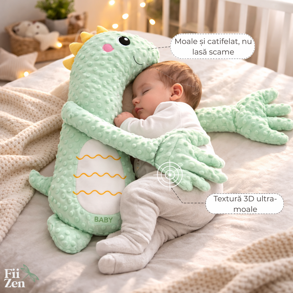 Perna calmare bebelusi FIIZEN® tip dinozaur, perna cu batai ritmice automate care imita atingerea parintelui, ajuta bebelusul sa adoarma mai usor, reduce agitatia si reflexul de tresarire, material plush moale, ideala pentru somn linistit, Verde