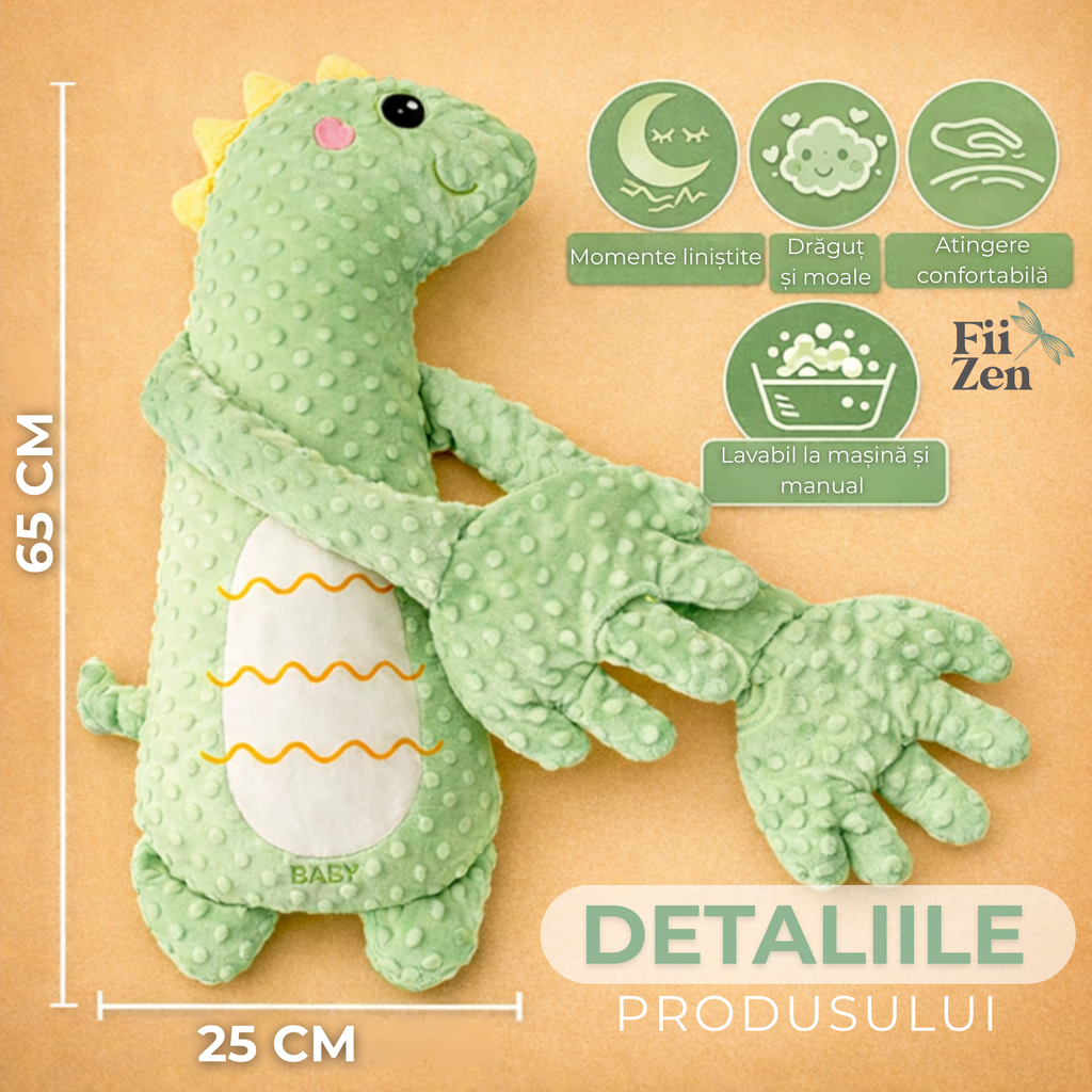 Perna calmare bebelusi FIIZEN® tip dinozaur, perna cu batai ritmice automate care imita atingerea parintelui, ajuta bebelusul sa adoarma mai usor, reduce agitatia si reflexul de tresarire, material plush moale, ideala pentru somn linistit, Verde