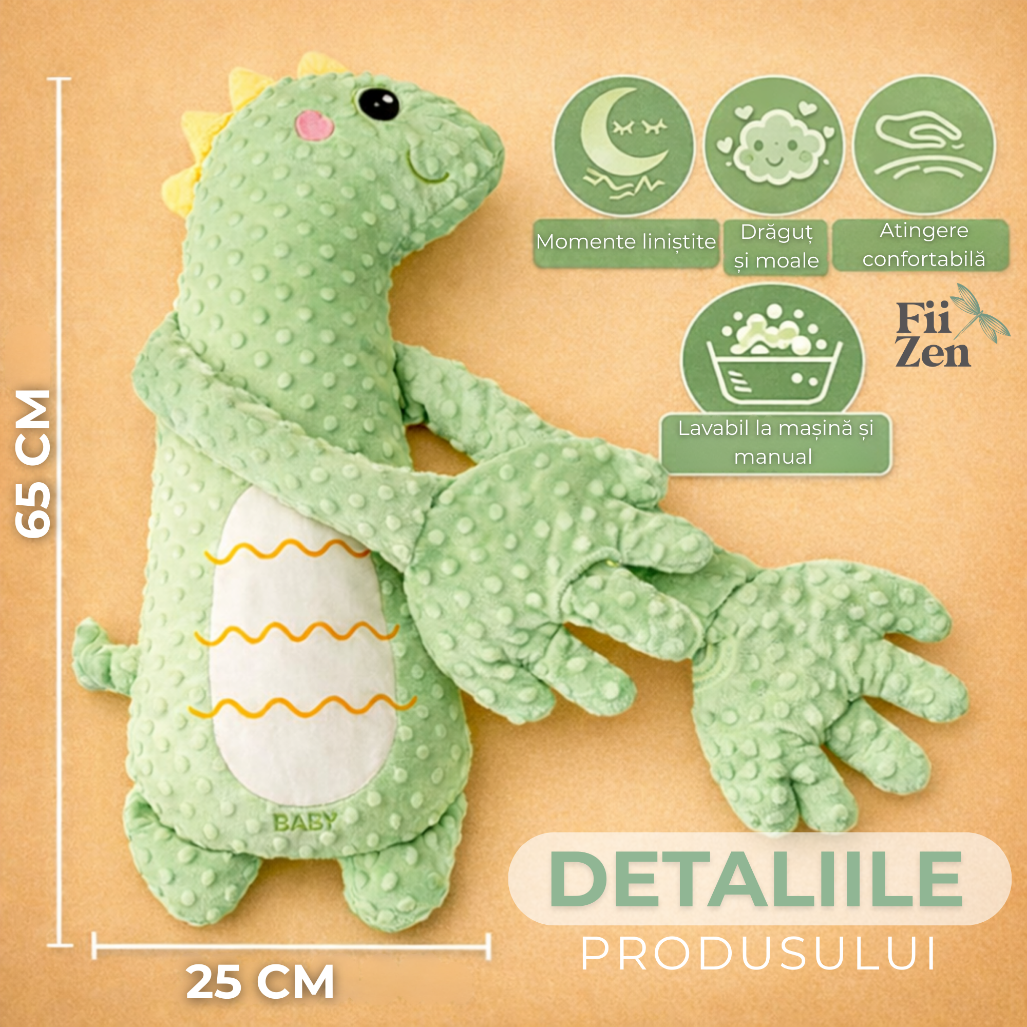 Perna calmare bebelusi FIIZEN® tip dinozaur, perna cu batai ritmice automate care imita atingerea parintelui, ajuta bebelusul sa adoarma mai usor, reduce agitatia si reflexul de tresarire, material plush moale, ideala pentru somn linistit, Verde