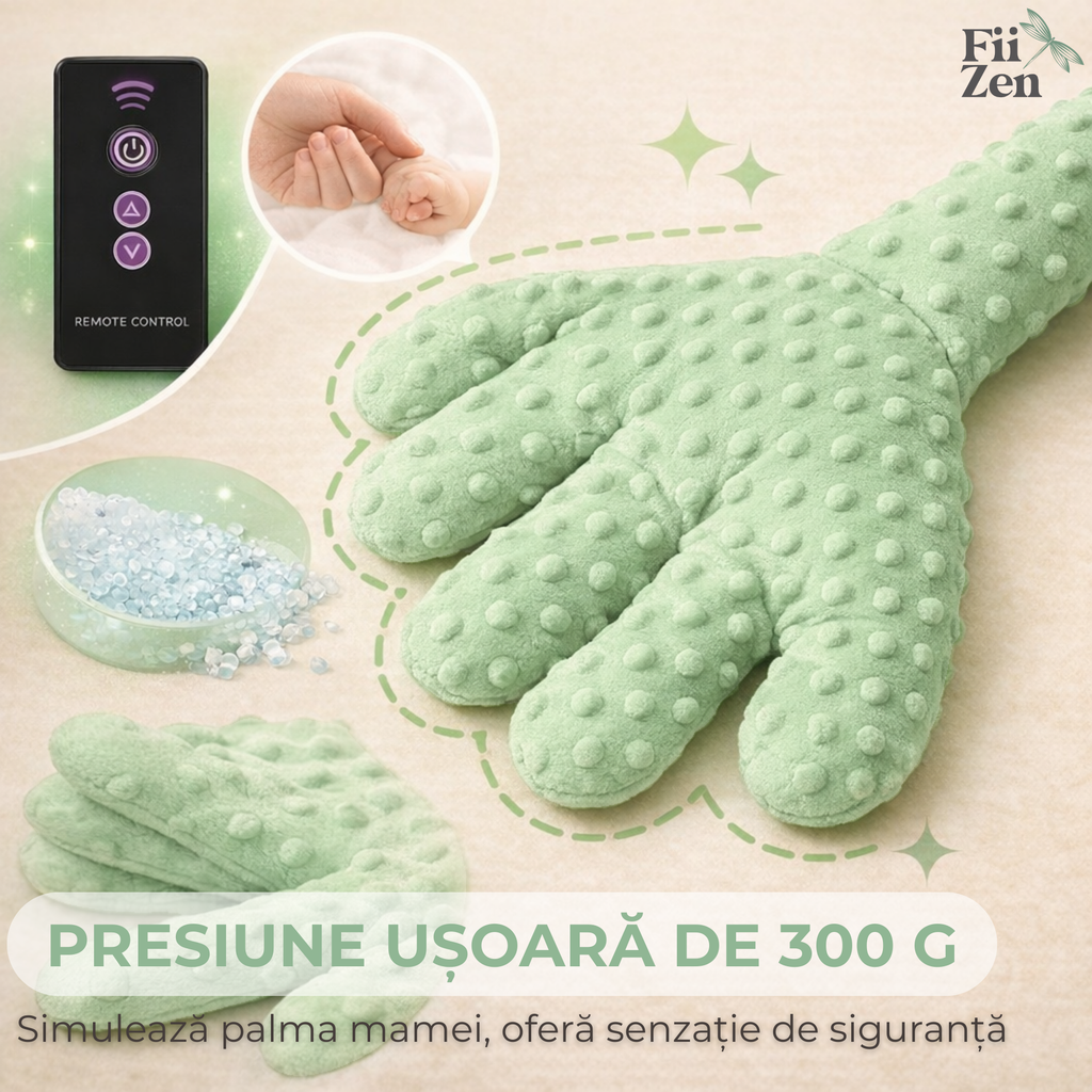Perna calmare bebelusi FIIZEN® tip dinozaur, perna cu batai ritmice automate care imita atingerea parintelui, ajuta bebelusul sa adoarma mai usor, reduce agitatia si reflexul de tresarire, material plush moale, ideala pentru somn linistit, Verde