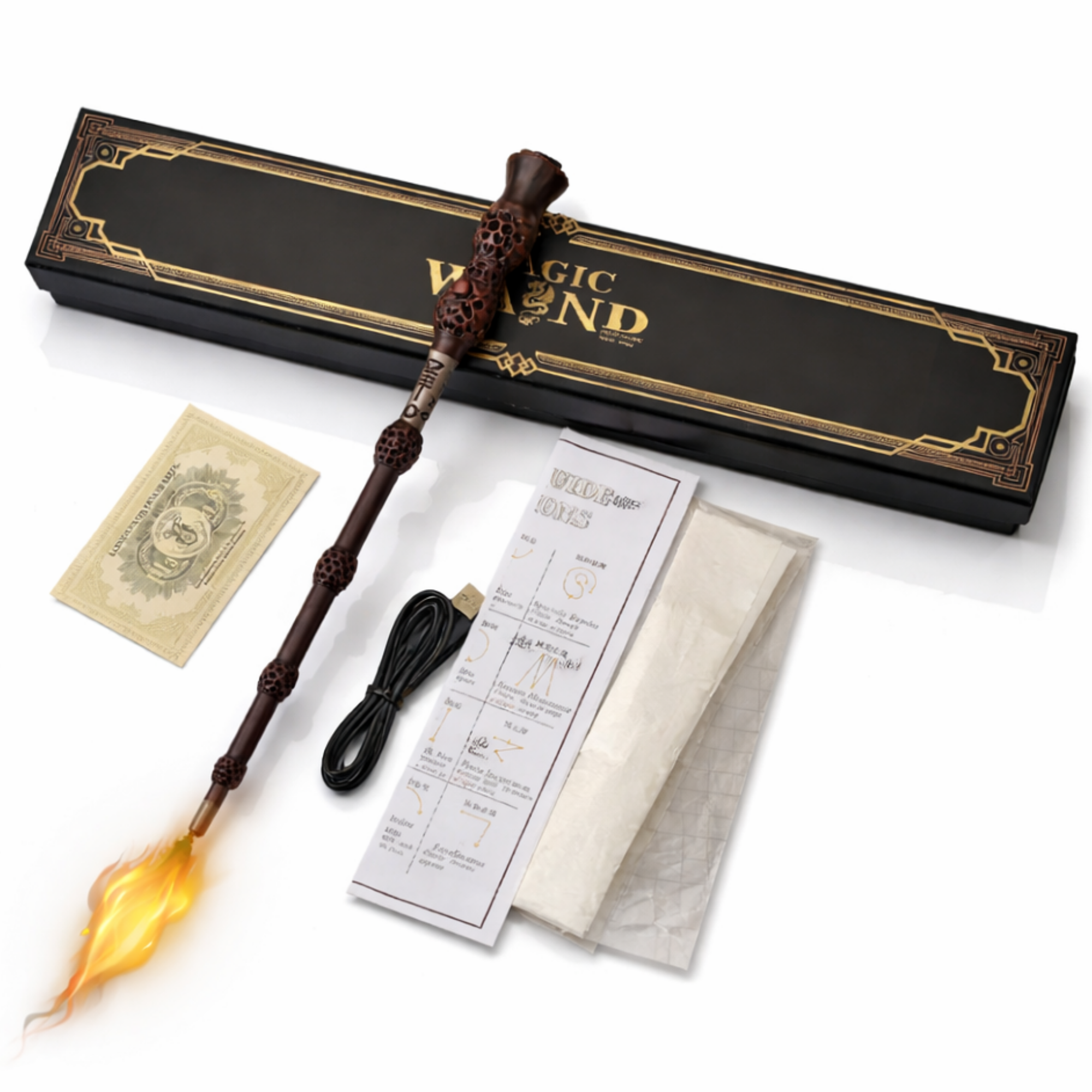 Bagheta magica FIIZEN® Harry Potter cu efect flacara reala, magic wand cu lansare fireball (foc), efect vizual impresionant, ideala pentru colectie, spectacole, Halloween si cadou, design realist premium