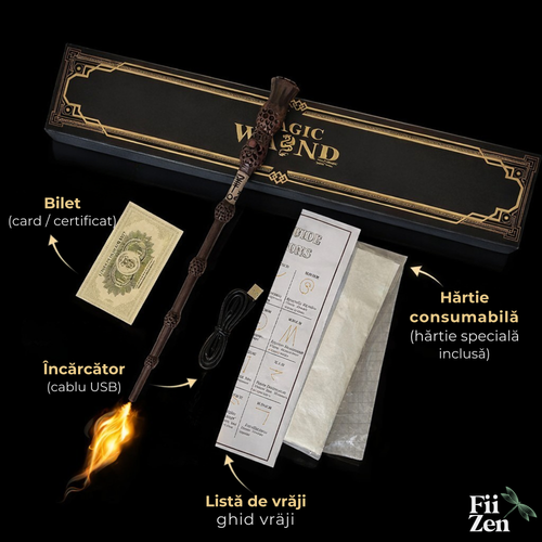 Bagheta magica FIIZEN® Harry Potter cu efect flacara reala, magic wand cu lansare fireball (foc), efect vizual impresionant, ideala pentru colectie, spectacole, Halloween si cadou, design realist premium