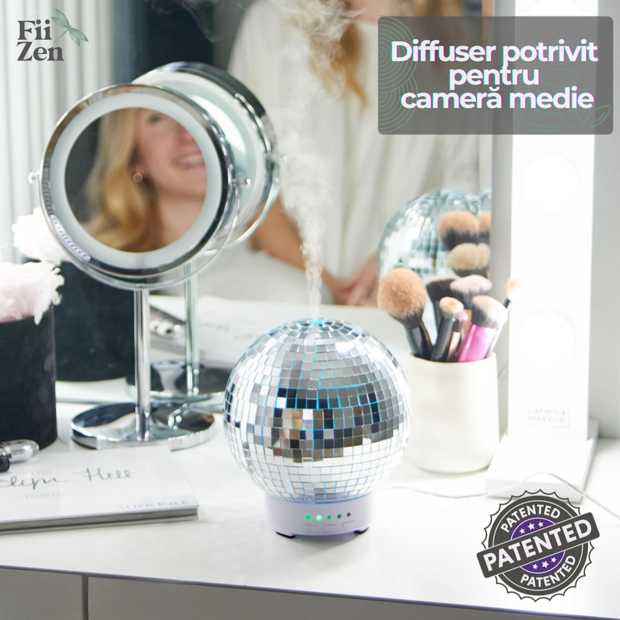 ⁠Difuzor aromaterapie FIIZEN® Disco Ball Mirror, umidificator aer si difuzor uleiuri esentiale, rotire 360°, silentios, rezervor 100ml, oprire automata, efecte speciale, decor modern camera