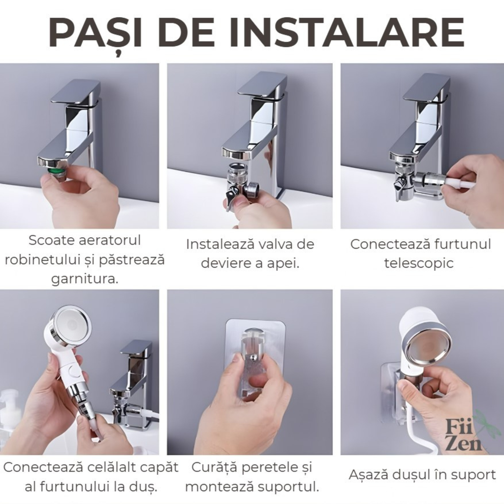 Cap dus chiuveta FIIZEN®, solutia ideala pentru spalare par la chiuveta, adaptor robinet cu furtun extensibil, presiune marita si filtru impuritati, instalare usoara, suport perete inclus, Alb