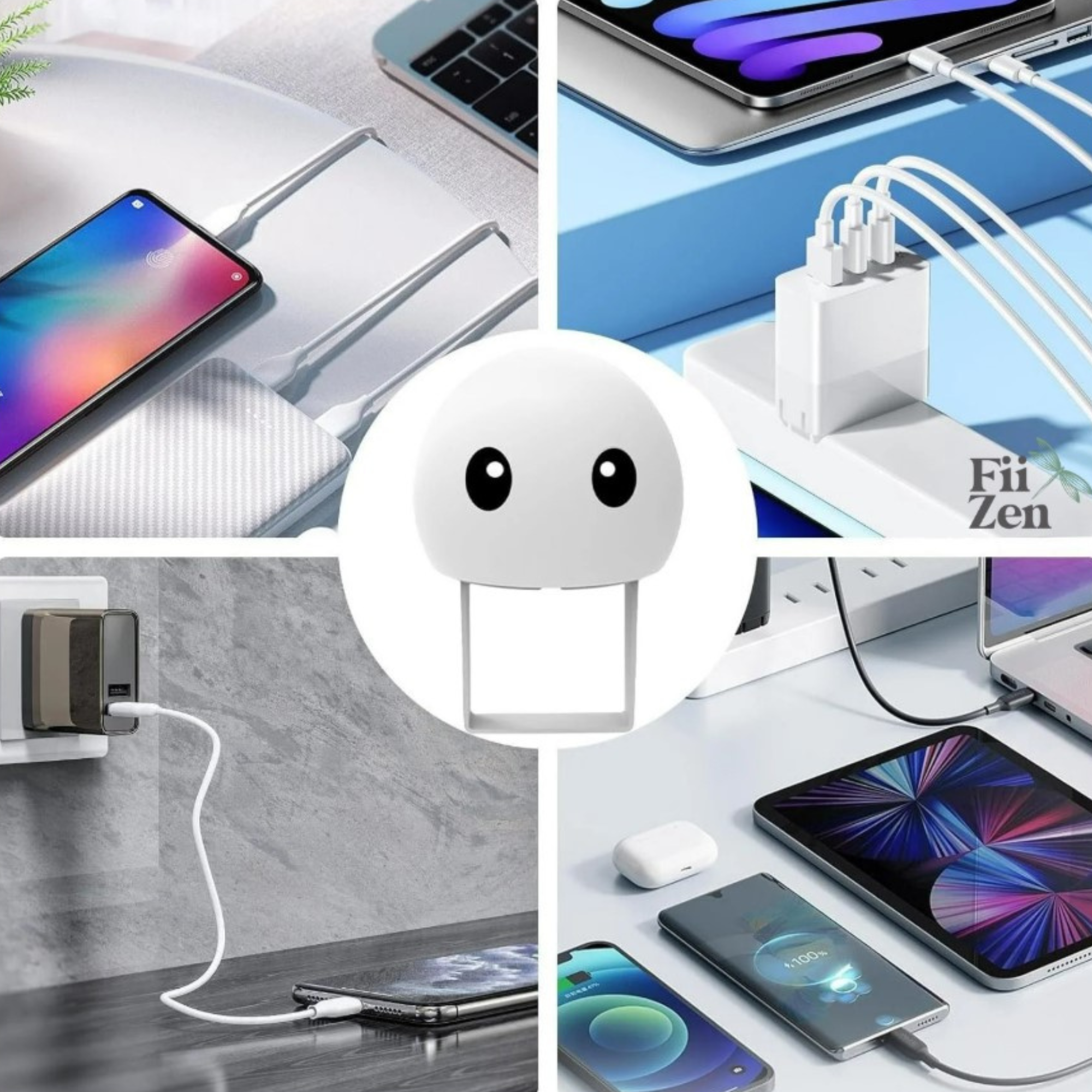 Organizator cablu incarcare FIIZEN® din silicon, accesoriu pentru pastrarea cablului compact si fara incurcaturi, protejeaza si fixeaza incarcatorul, ideal pentru telefon, birou, casa si calatorii, Alb