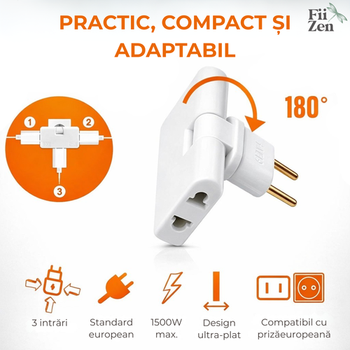 Adaptor priza FIIZEN® EU rotativ 180°, splitter 1 la 3 prize cu design slim, ideal pentru utilizare in spatii inguste precum in spatele dulapului sau mobilierului, permite conectarea mai multor dispozitive, compatibil 110-250V, Alb