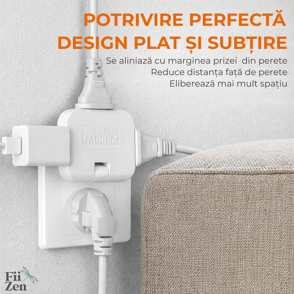 Adaptor priza FIIZEN® EU rotativ 180°, splitter 1 la 3 prize cu design slim, ideal pentru utilizare in spatii inguste precum in spatele dulapului sau mobilierului, permite conectarea mai multor dispozitive, compatibil 110-250V, Alb