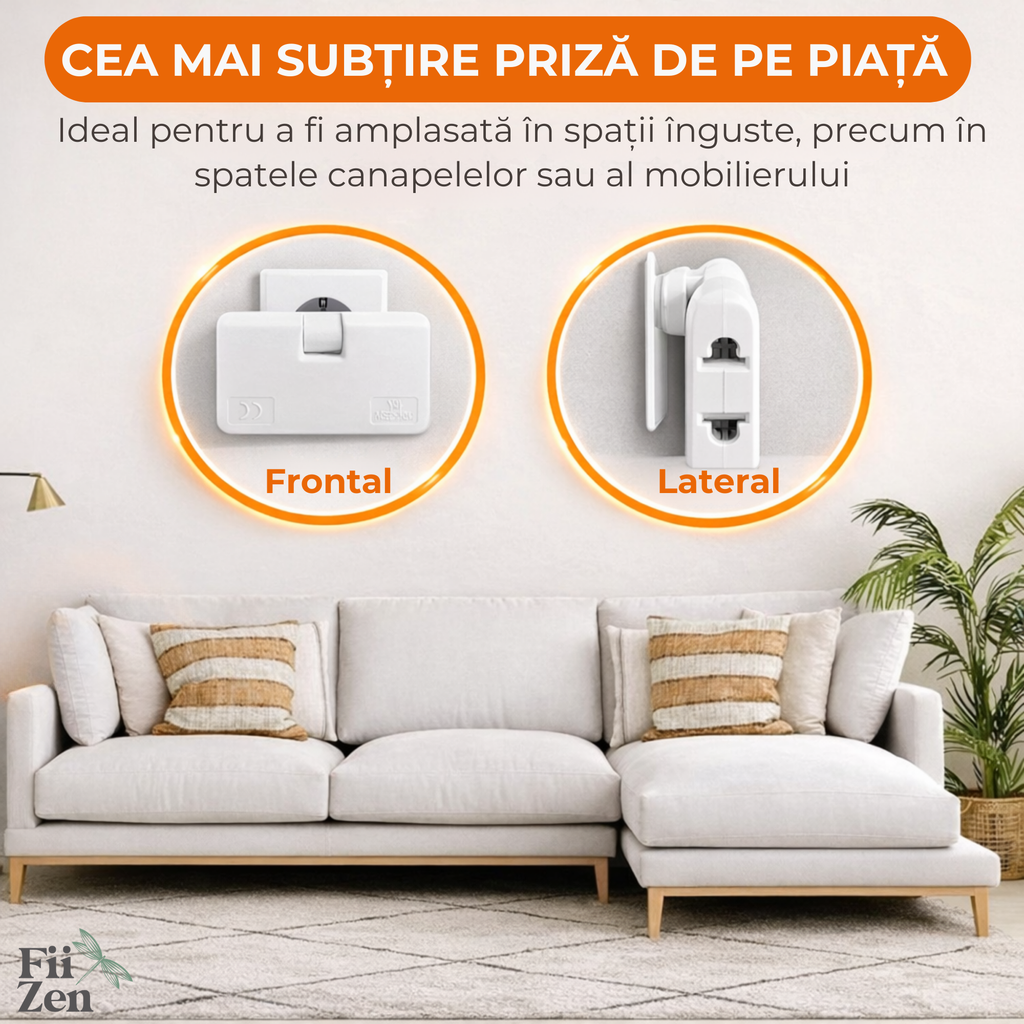 Adaptor priza FIIZEN® EU rotativ 180°, splitter 1 la 3 prize cu design slim, ideal pentru utilizare in spatii inguste precum in spatele dulapului sau mobilierului, permite conectarea mai multor dispozitive, compatibil 110-250V, Alb
