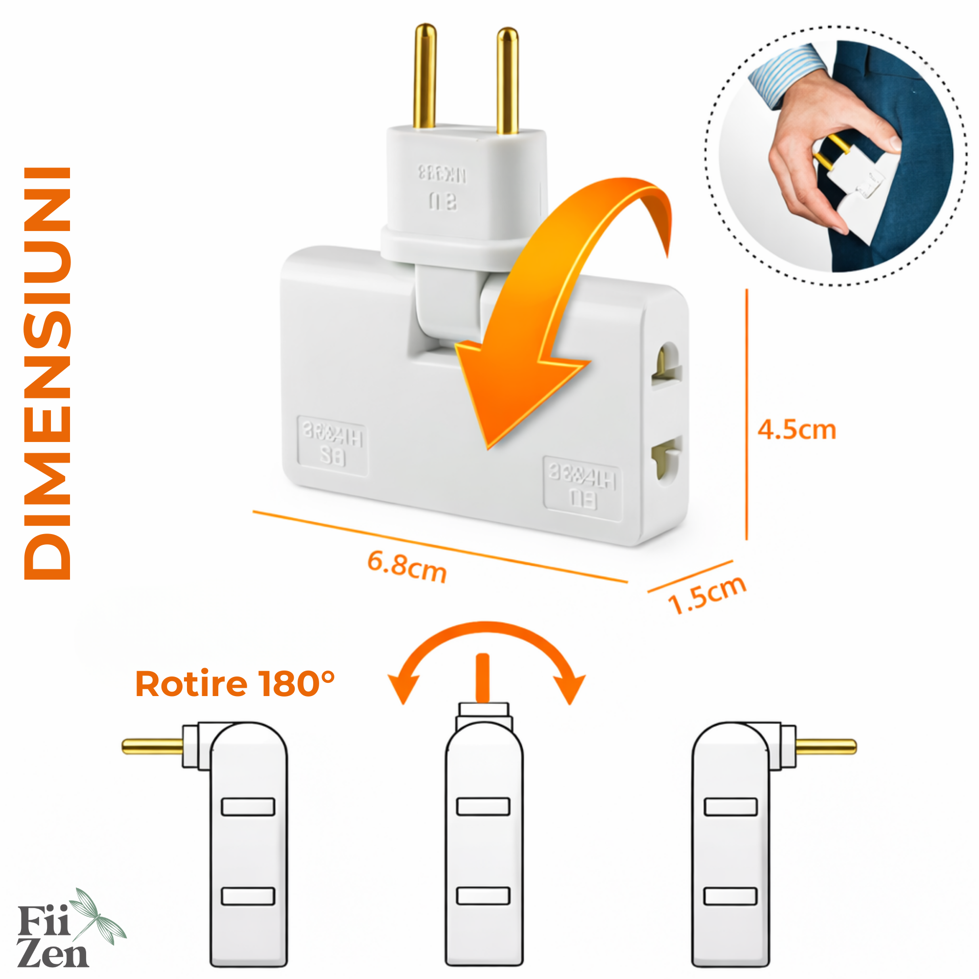 Adaptor priza FIIZEN® EU rotativ 180°, splitter 1 la 3 prize cu design slim, ideal pentru utilizare in spatii inguste precum in spatele dulapului sau mobilierului, permite conectarea mai multor dispozitive, compatibil 110-250V, Alb