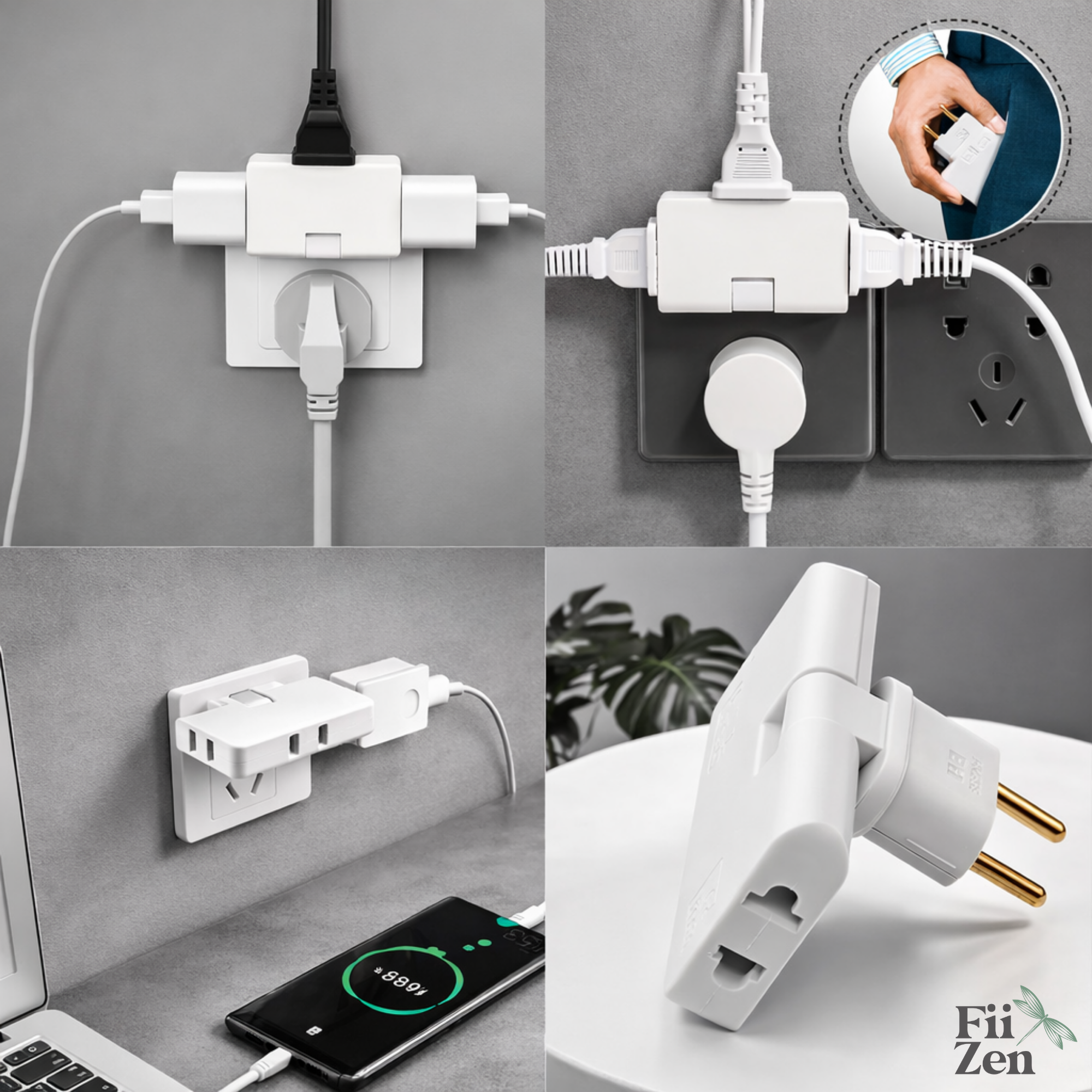 Adaptor priza FIIZEN® EU rotativ 180°, splitter 1 la 3 prize cu design slim, ideal pentru utilizare in spatii inguste precum in spatele dulapului sau mobilierului, permite conectarea mai multor dispozitive, compatibil 110-250V, Alb