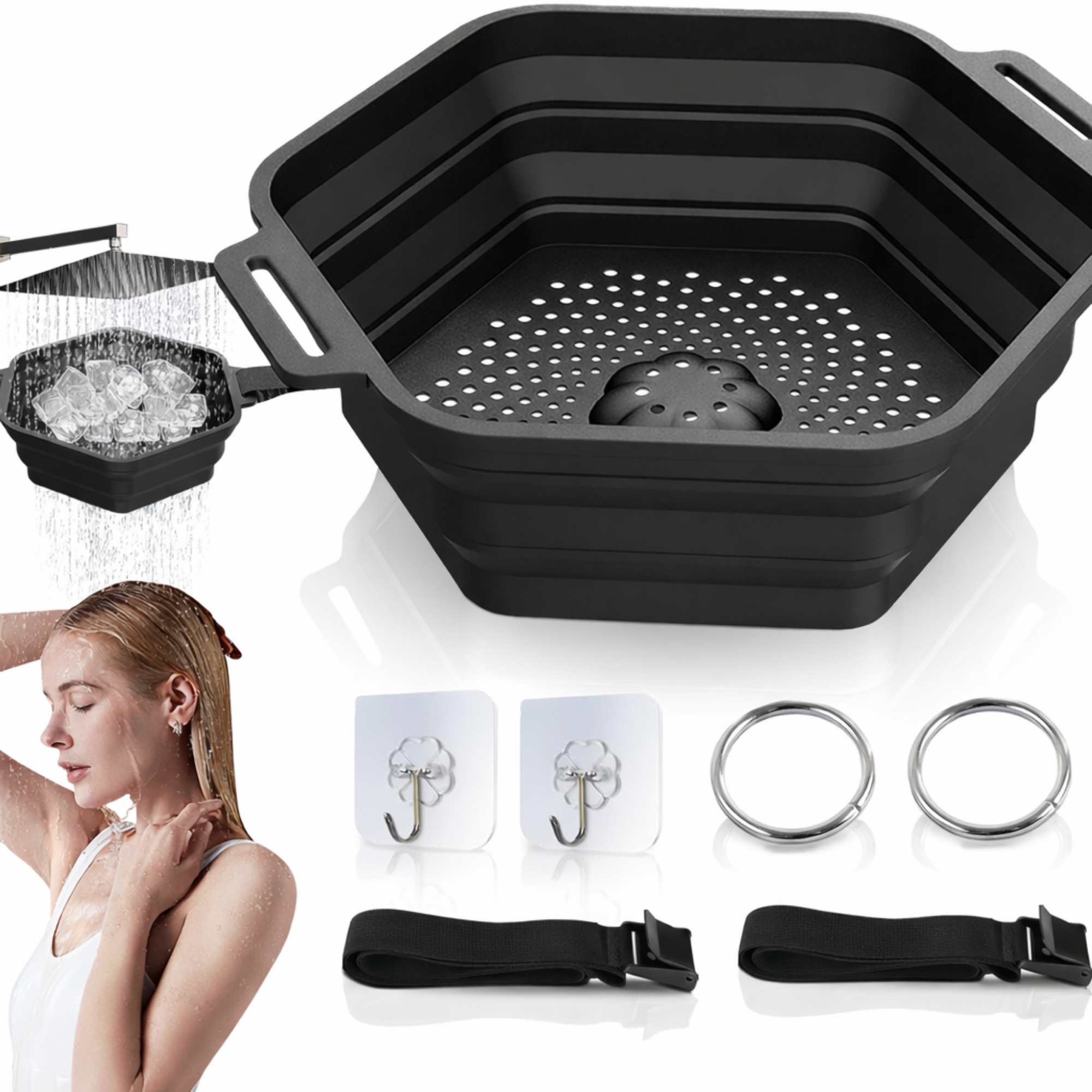 Racitor apa pentru dus FIIZEN®, recipient din silicon pentru gheata montat pe capul de dus, raceste apa instant pentru ice bath si cold therapy, imbunatateste recuperarea musculara, instalare usoara, portabil, ideal pentru sport si relaxare, Negru