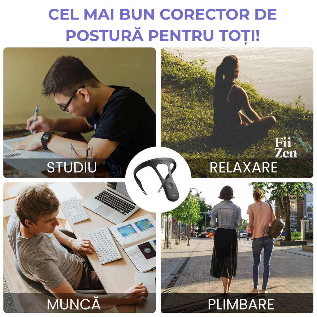 Corector postura inteligent FIIZEN®, corector spate cu senzor si vibratii pentru indreptare coloana, dispozitiv ergonomic pentru adulti si copii, discret si confortabil, ideal pentru birou, scoala si utilizare zilnica, Negru