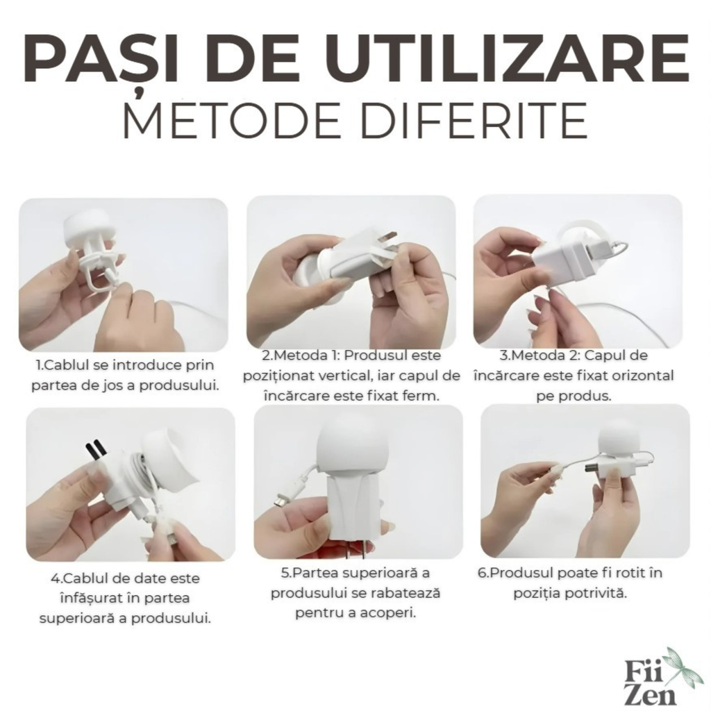 Organizator cablu incarcare FIIZEN® din silicon, accesoriu pentru pastrarea cablului compact si fara incurcaturi, protejeaza si fixeaza incarcatorul, ideal pentru telefon, birou, casa si calatorii, Alb