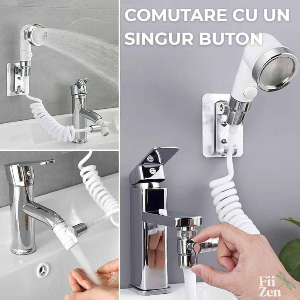 Cap dus chiuveta FIIZEN®, solutia ideala pentru spalare par la chiuveta, adaptor robinet cu furtun extensibil, presiune marita si filtru impuritati, instalare usoara, suport perete inclus, Alb