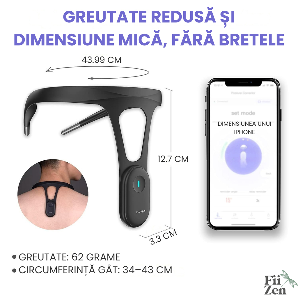 Corector postura inteligent FIIZEN®, corector spate cu senzor si vibratii pentru indreptare coloana, dispozitiv ergonomic pentru adulti si copii, discret si confortabil, ideal pentru birou, scoala si utilizare zilnica, Negru