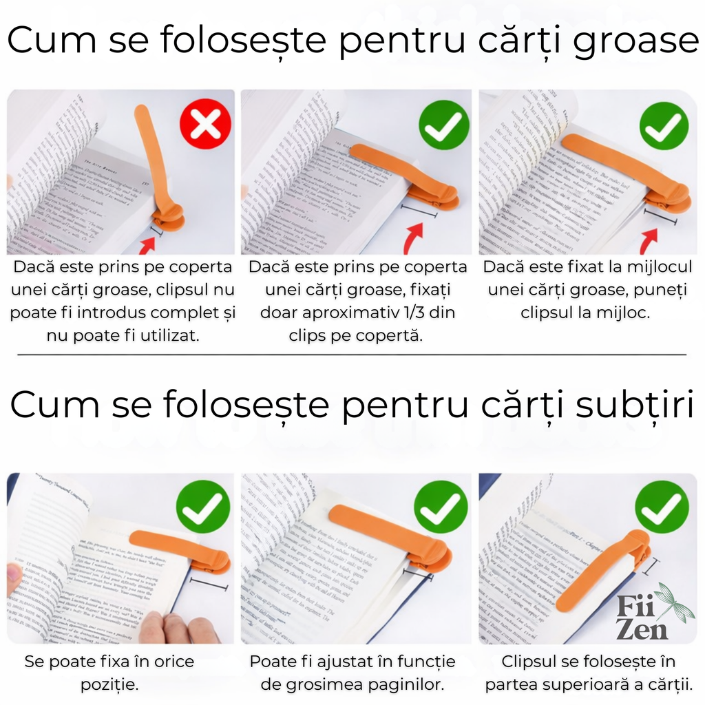 Set 6 semne de carte FIIZEN® din silicon, bookmark flexibil care fixeaza pagina, ideal pentru carti, manuale, agenda si citit zilnic, multicolor