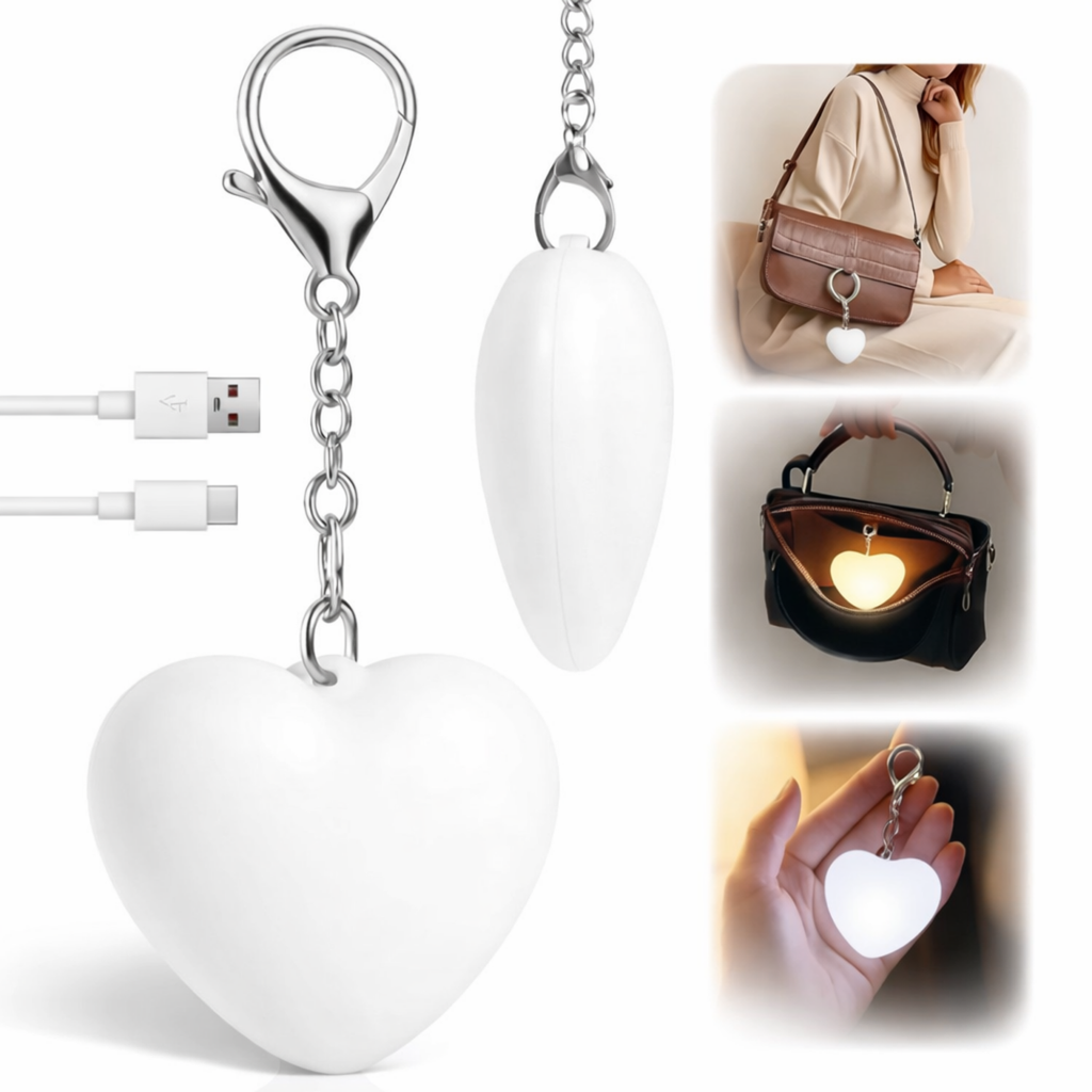 Breloc luminos FIIZEN® LED in forma de inima, reincarcabil USB, lumina ideala pentru geanta si rucsac, te ajuta sa gasesti rapid lucrurile in intuneric, activare prin atingere, compact si portabil, Alb